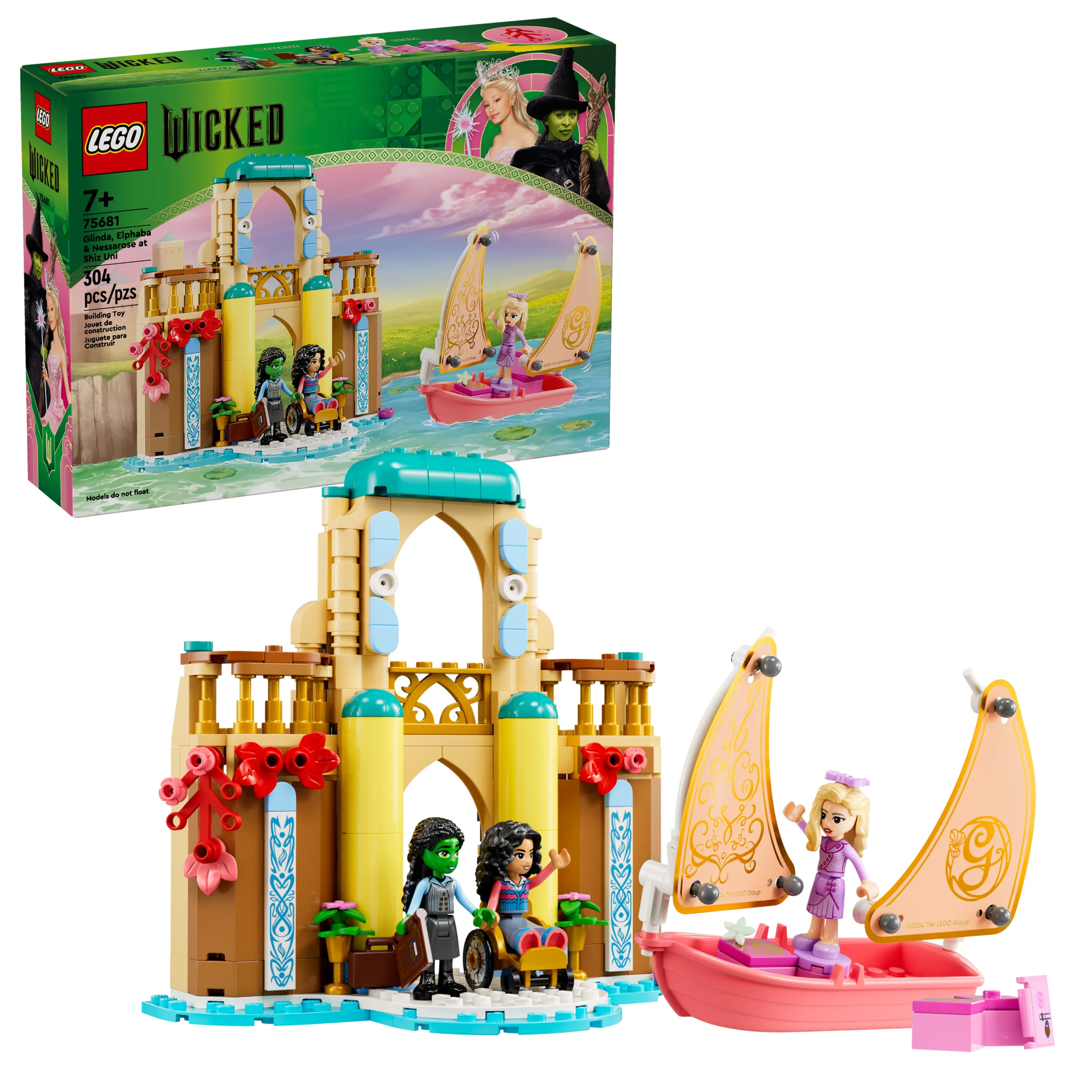 Imagine cu setul LEGO 75681: Glinda, Elphaba și Nessarose la Universitatea Shiz. Setul include clădirea și o barcă.