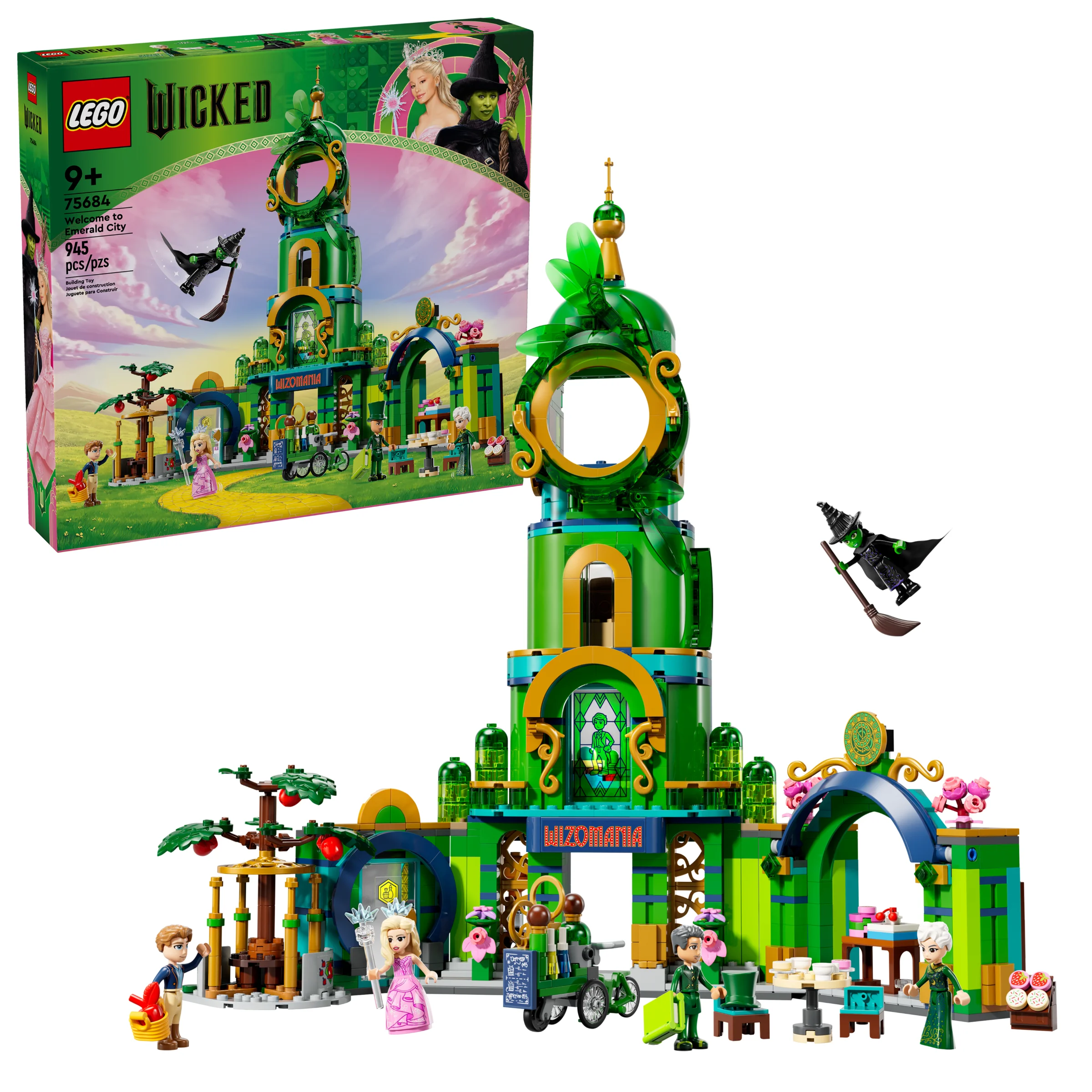 Imagine cu setul LEGO 75684, „Bine ai venit în Orașul de Smarald”, și cutia acestuia.
