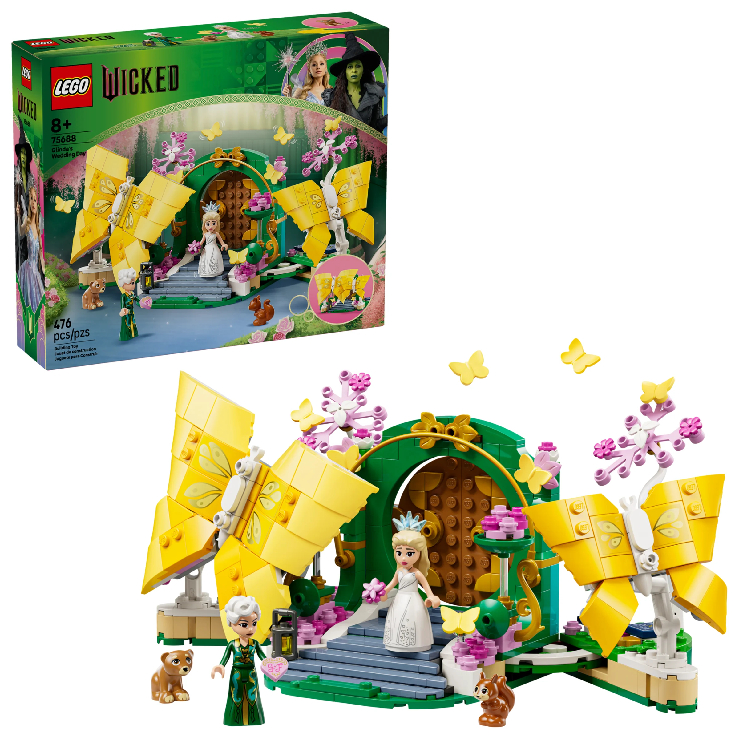 Imagine cu setul LEGO 75688, „Ziua Nunții lui Glinda”, care include minifigurine și elemente decorative.