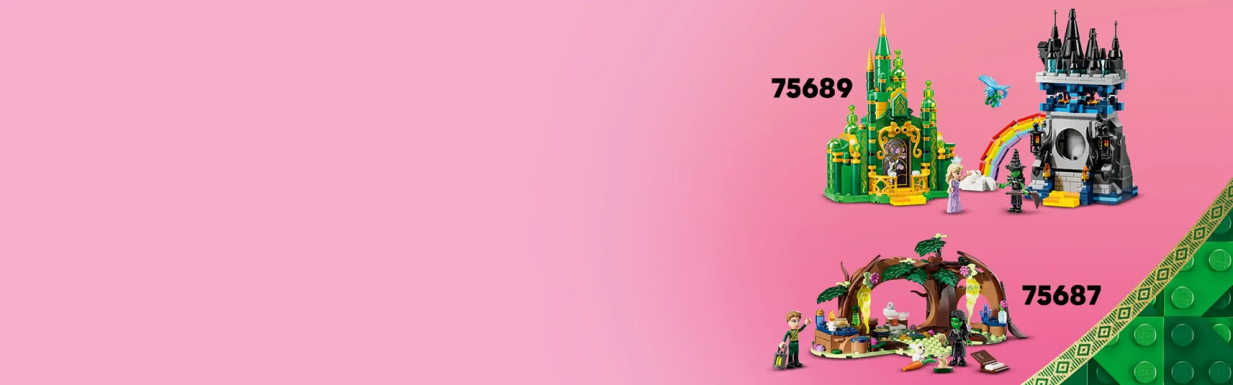 Imagine cu seturile LEGO 75687 și 75689 din tema Wicked, pe un fundal roz.