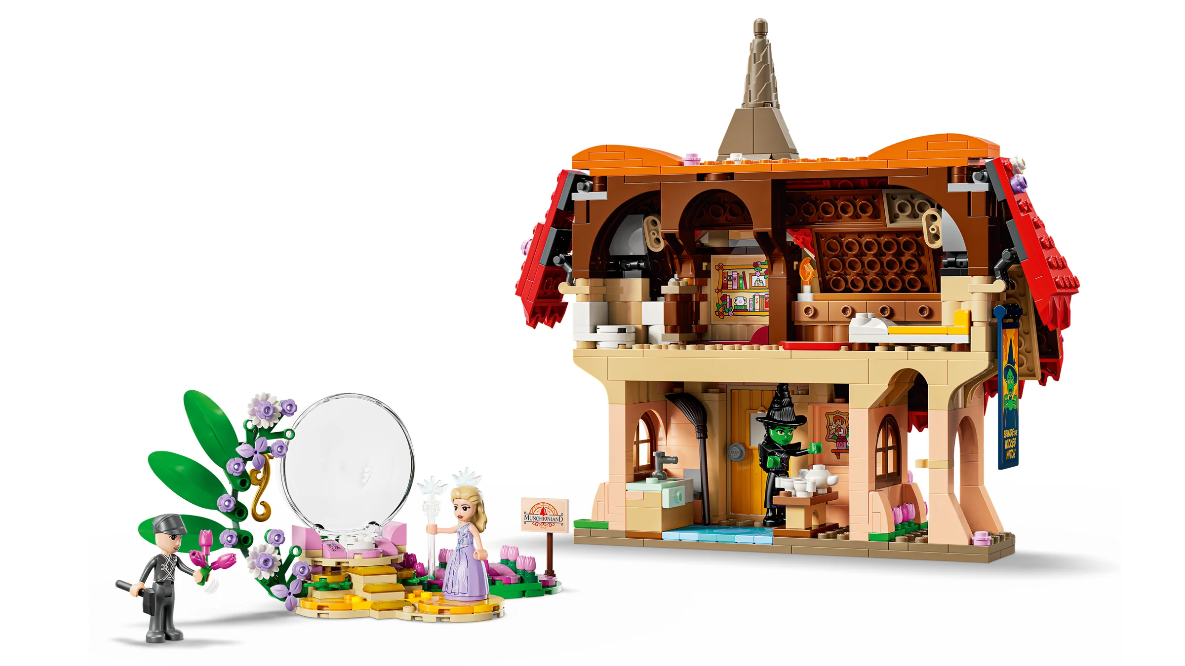 Imagine cu setul LEGO 75690, ce include casa vrăjitoarei și pe Glinda.