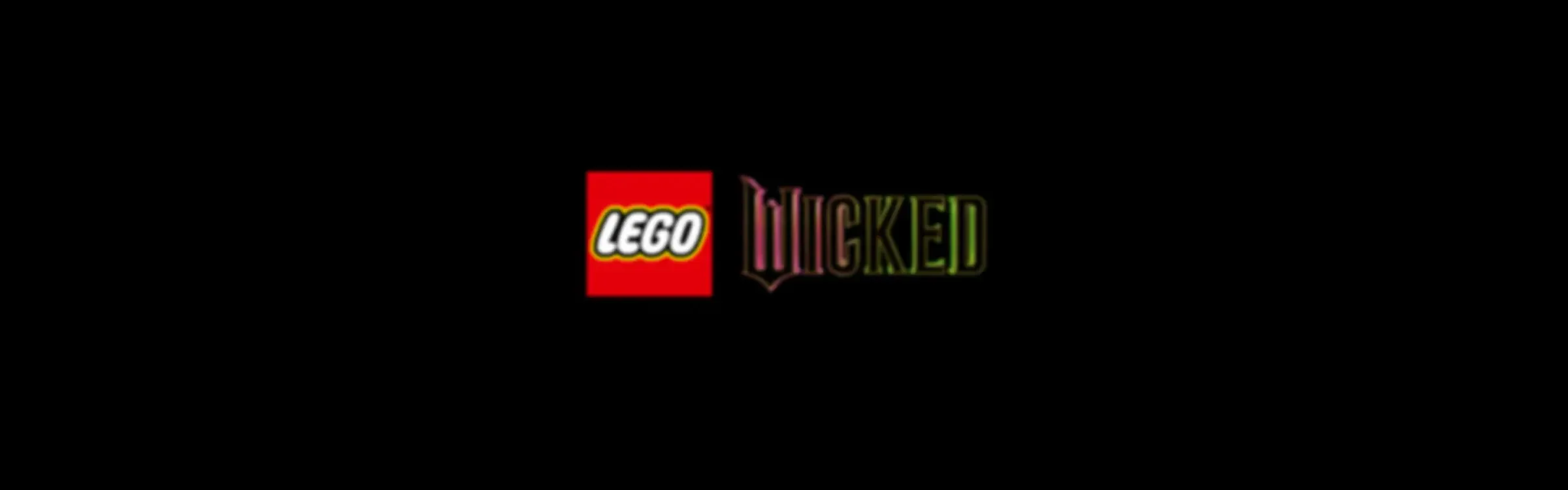 Logo-urile LEGO și Wicked, pe un fundal negru. Imaginea promoțională a setului LEGO.