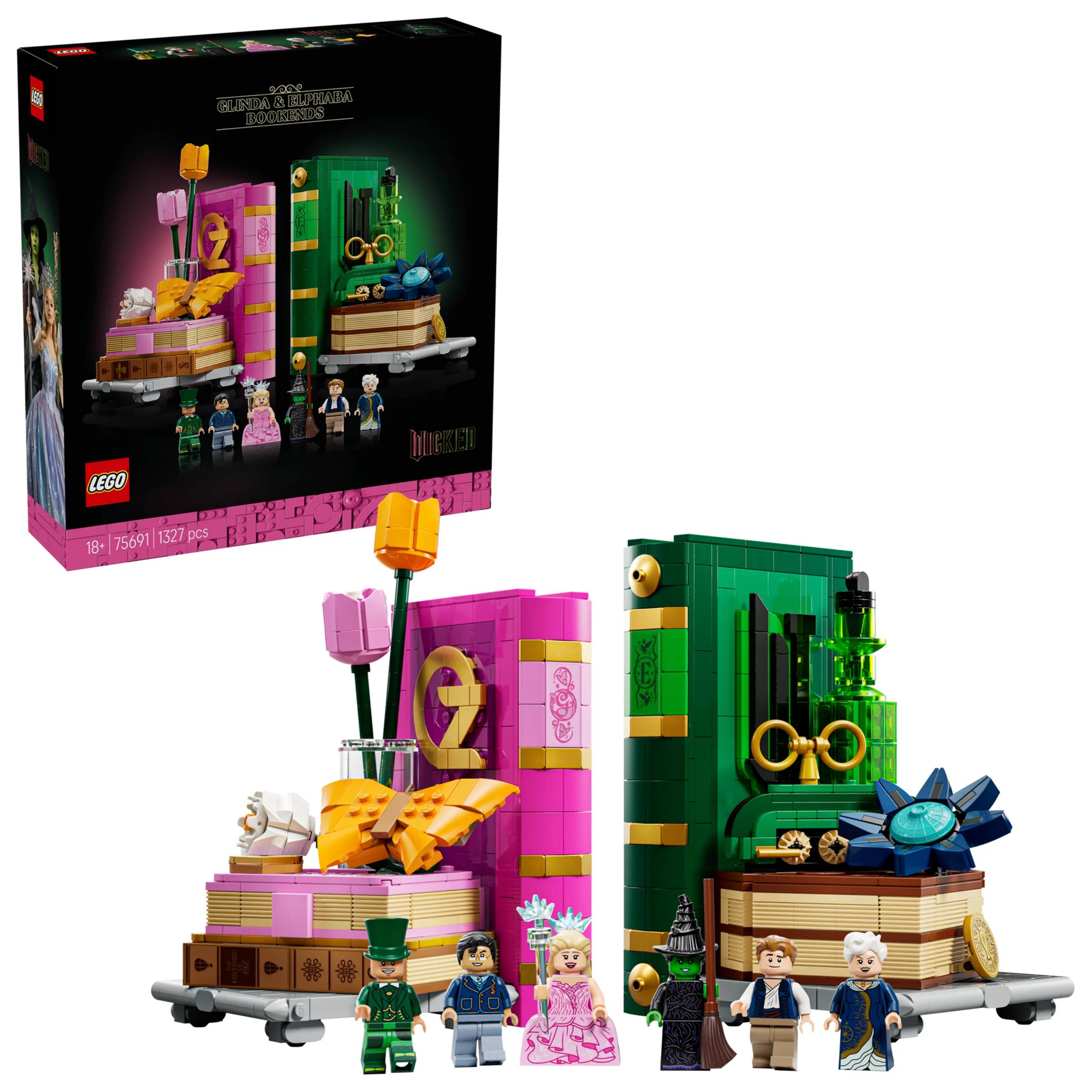 Setul LEGO 75691 include două suporturi de cărți inspirate de Wicked, cu minifigurine Glinda și Elphaba.