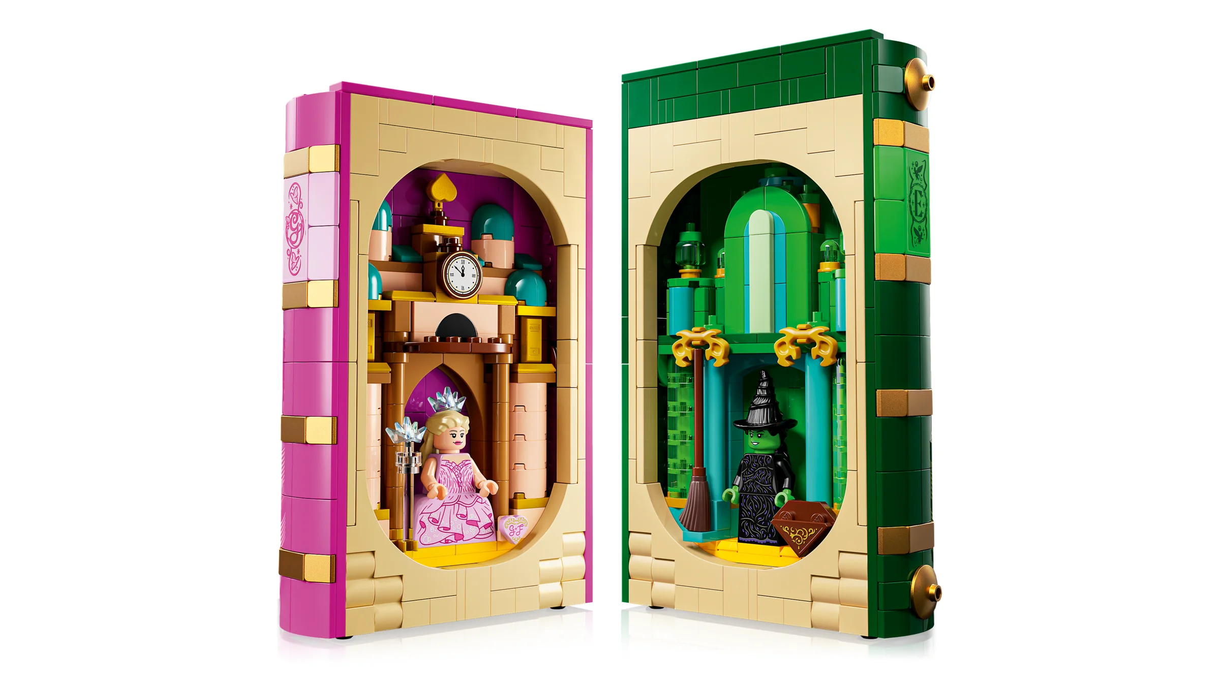 Setul LEGO Wicked 75691 prezintă două suporturi de cărți: Glinda (roz) și Elphaba (verde).