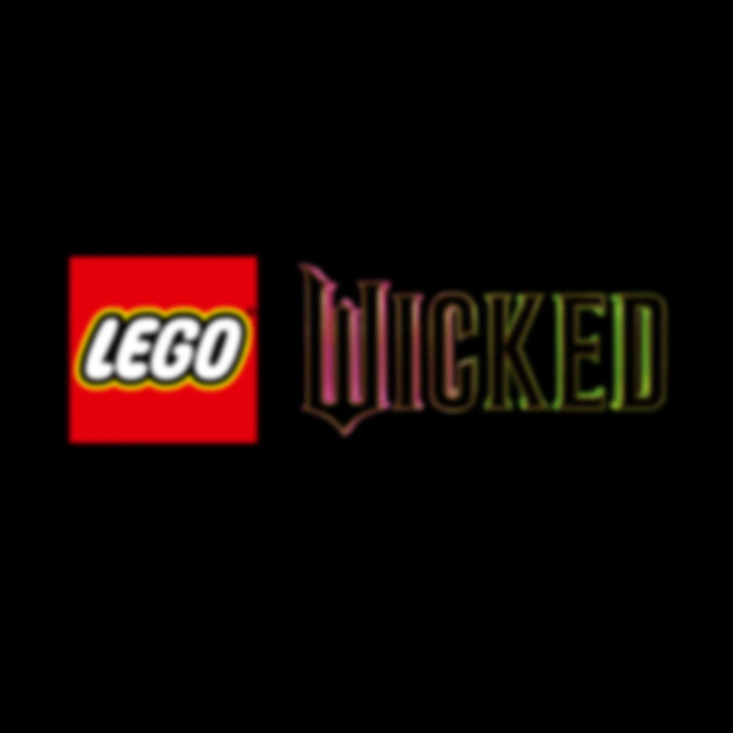 Sigla LEGO și logoul Wicked pe fundal negru. Promovare produs.