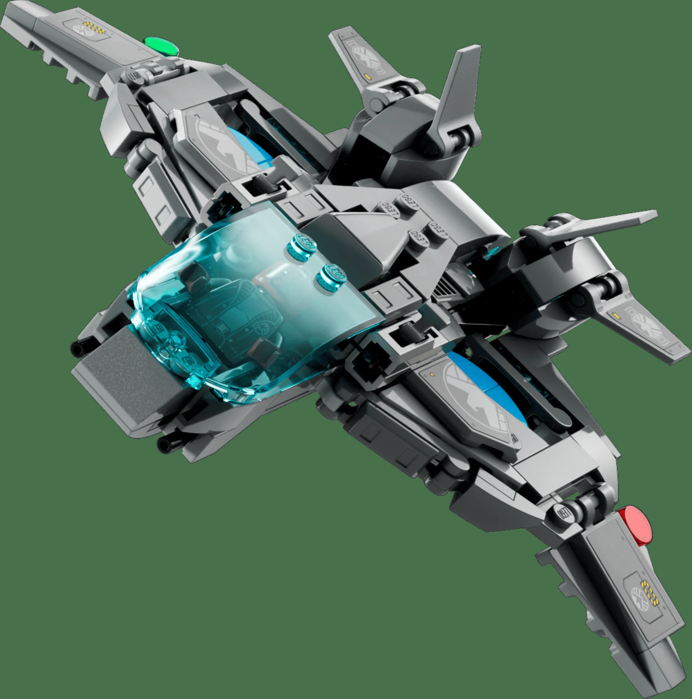 Avionul Quinjet gri, cu detalii albastre și autocolante S.H.I.E.L.D., parte din setul LEGO Avengers Tower.