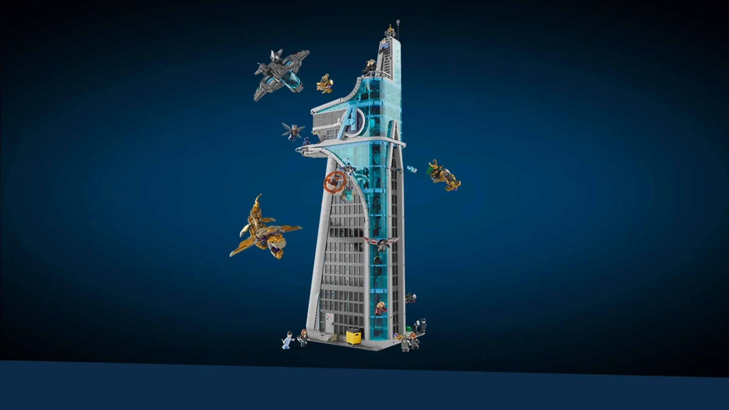O imagine completă a Turnului Răzbunătorilor LEGO (76269), cu nave și minifigurine.