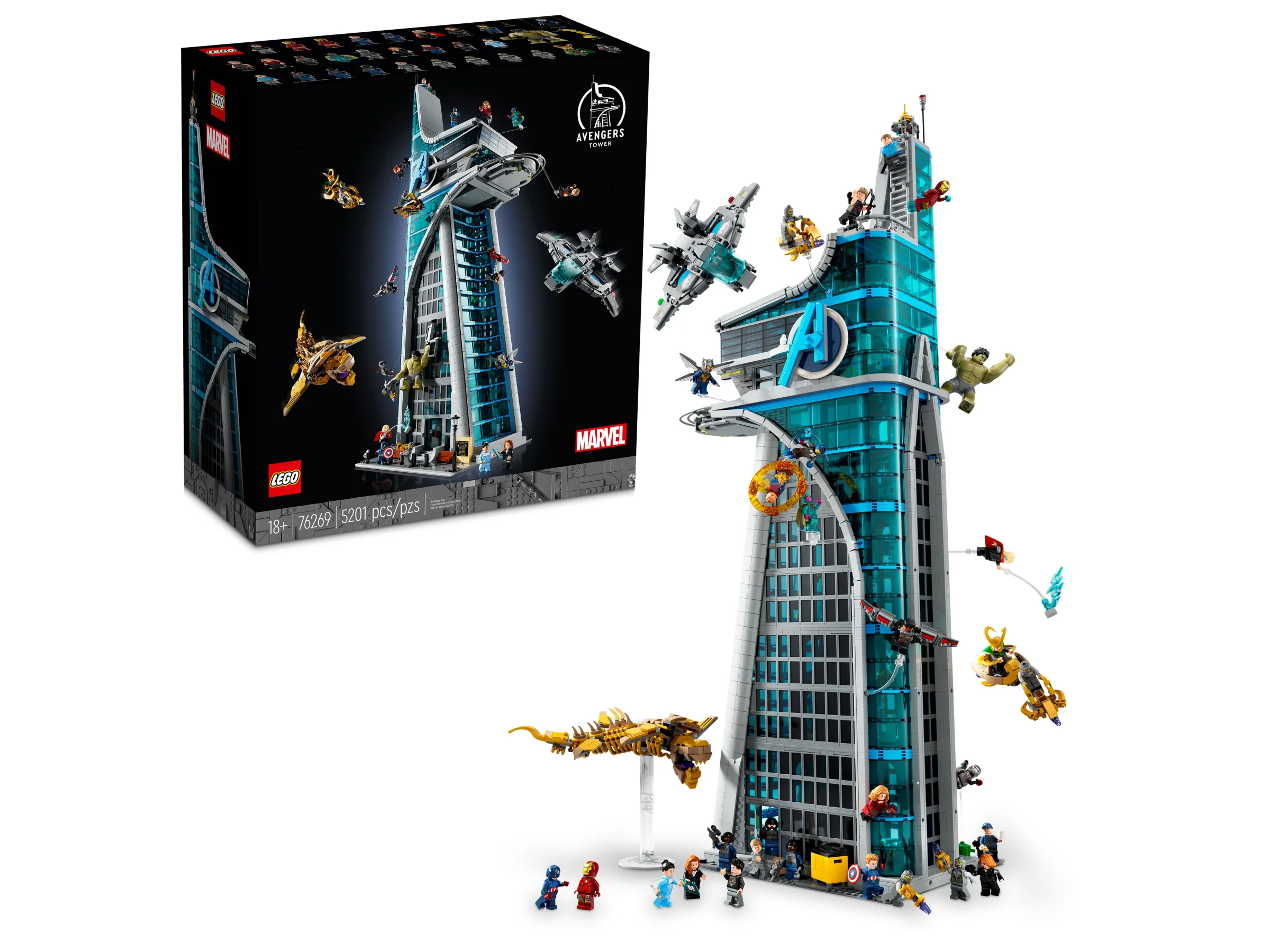 Imagine cu setul LEGO 76269 Avengers Tower, modelul complet și cutia. Set detaliat cu multe minifigurine.