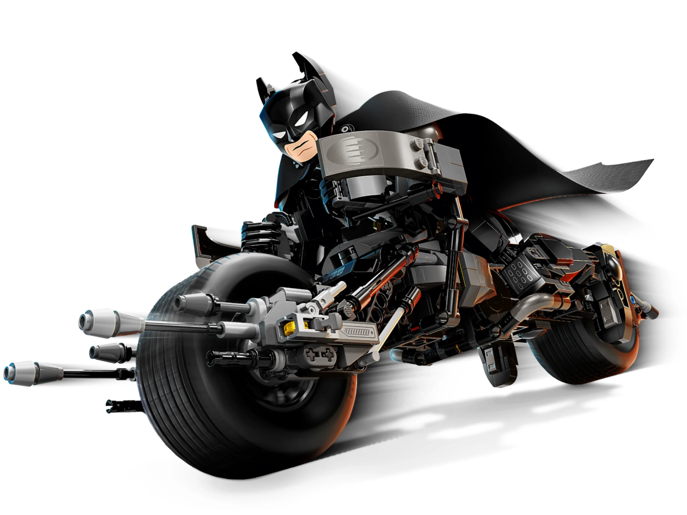 Batman pe Bat-Pod, o motocicletă robustă, într-o imagine dinamică. Model detaliat LEGO.