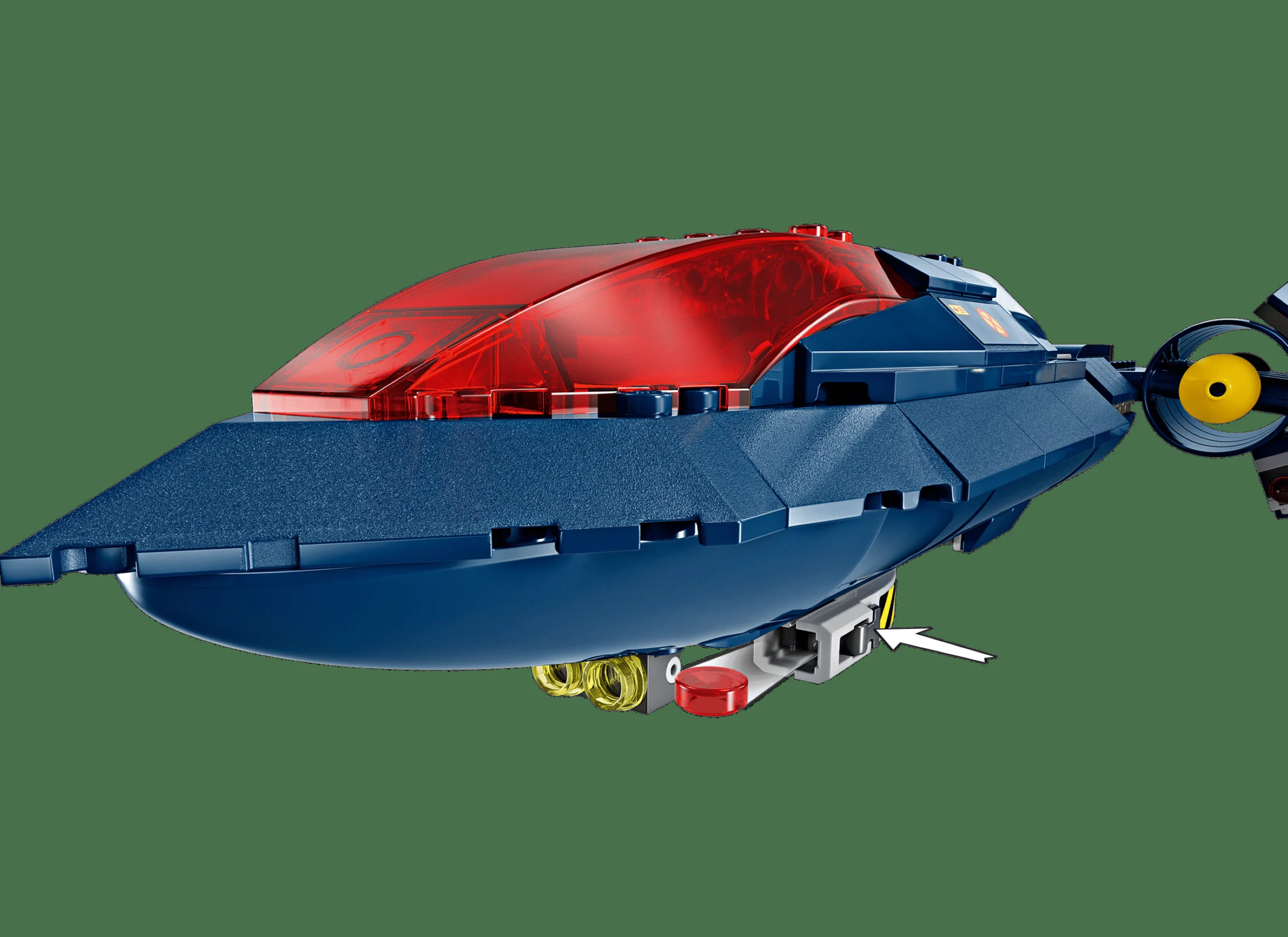 Vedere laterală a avionului X-Jet, cu cupola roșie și detalii albastre. Design futurist.