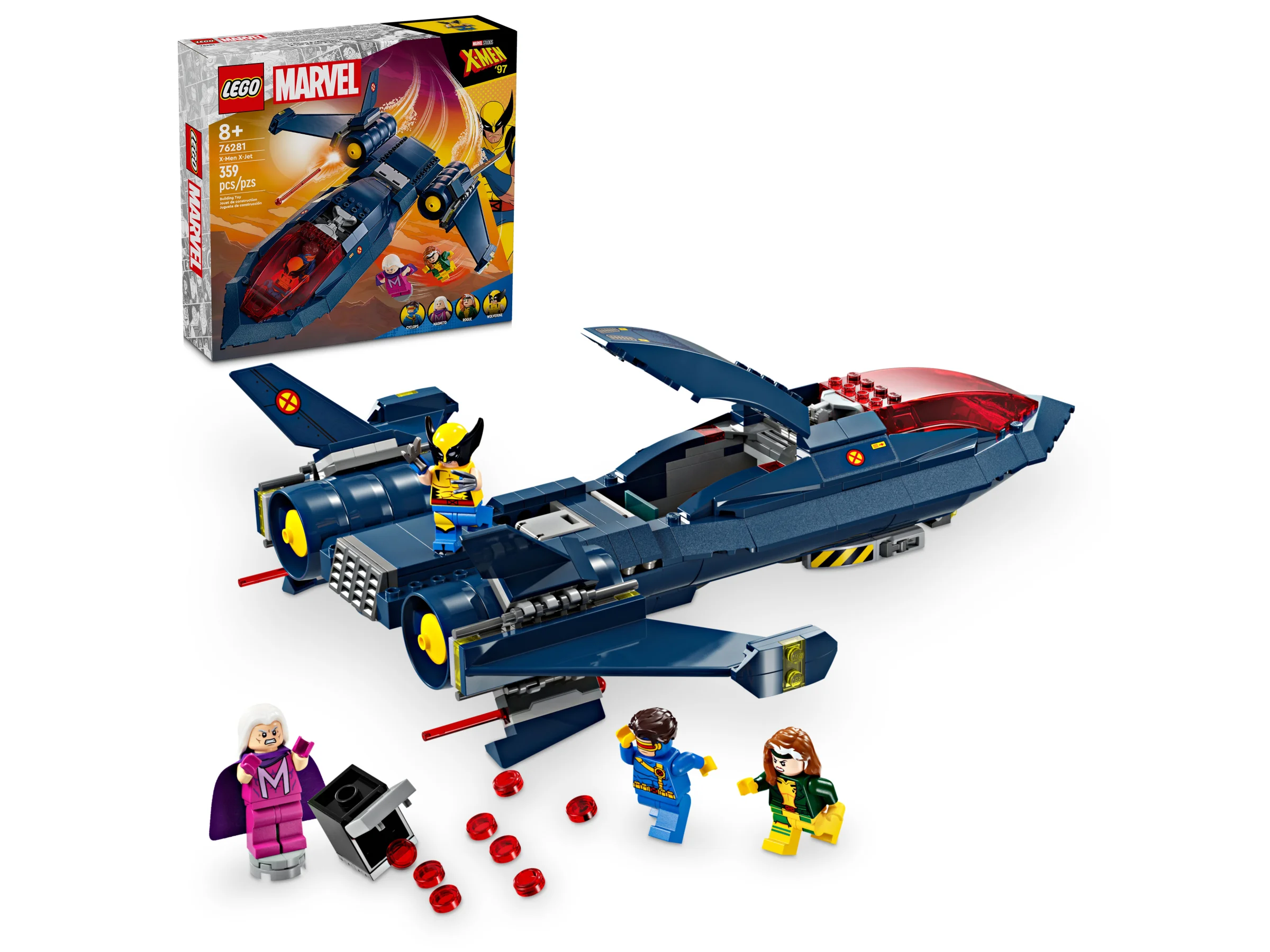 X-Jetul X-Men 76281 LEGO, cu minifigurinele Wolverine, Magneto, Cyclops și Rogue.