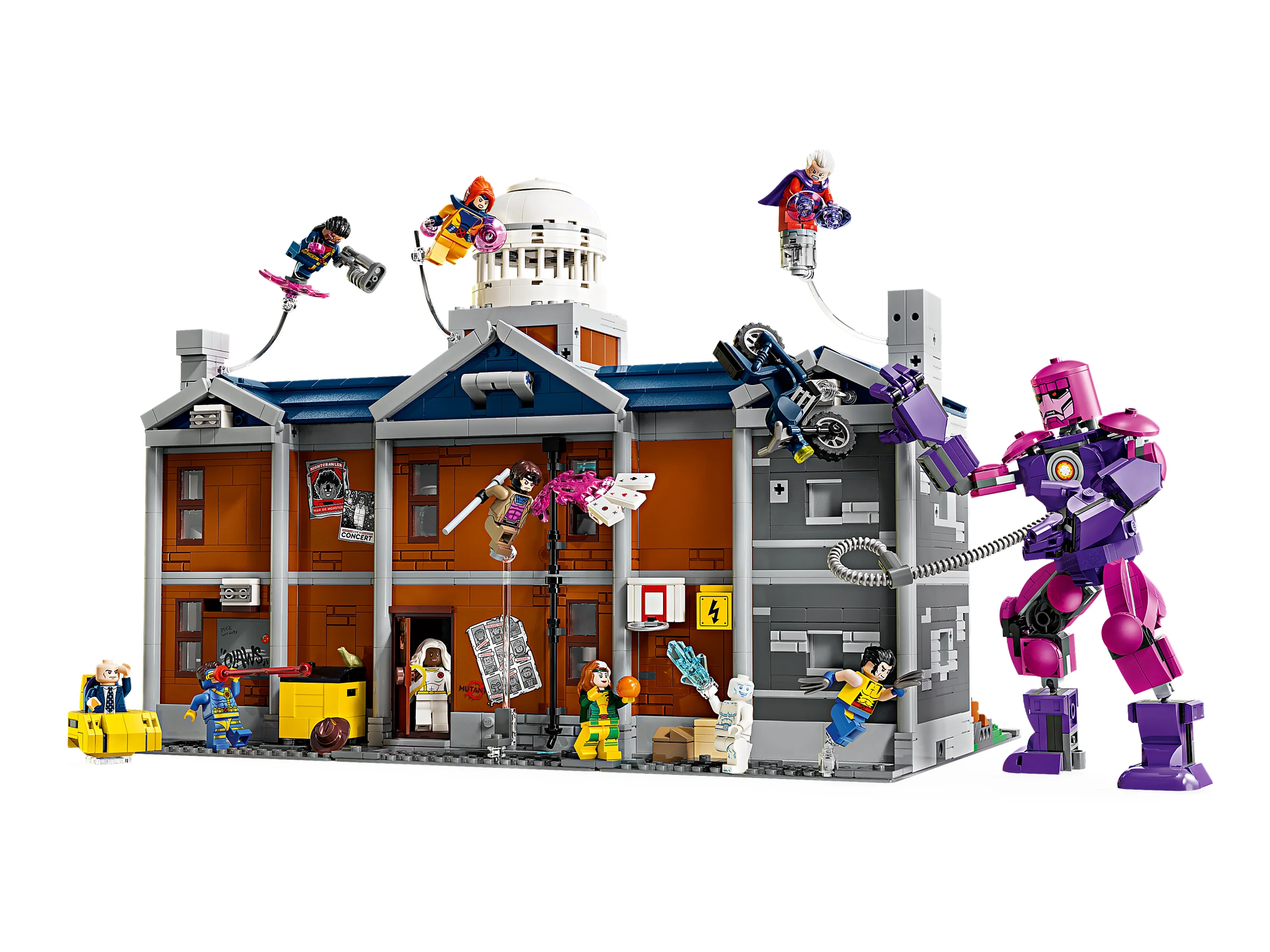 O imagine cu setul LEGO X-Mansion, cu minifigurine X-Men și Sentinel. Detaliile clădirii sunt vizibile.