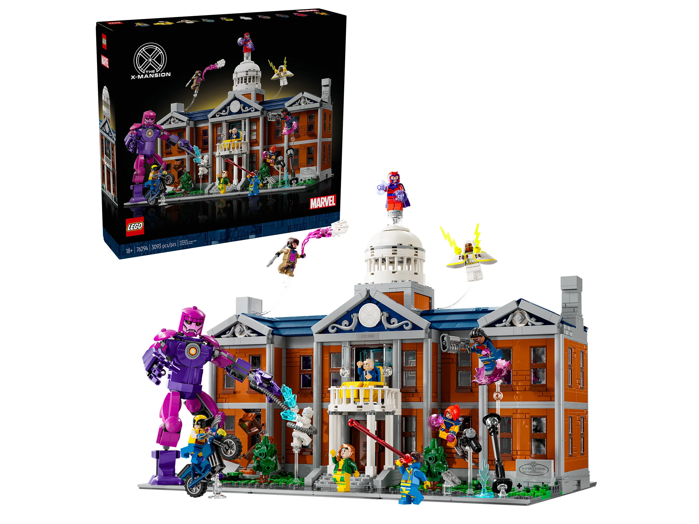 Imagine cu setul LEGO X-Men: X-Mansion (76294), incluzând clădirea, minifigurine și cutia produsului.