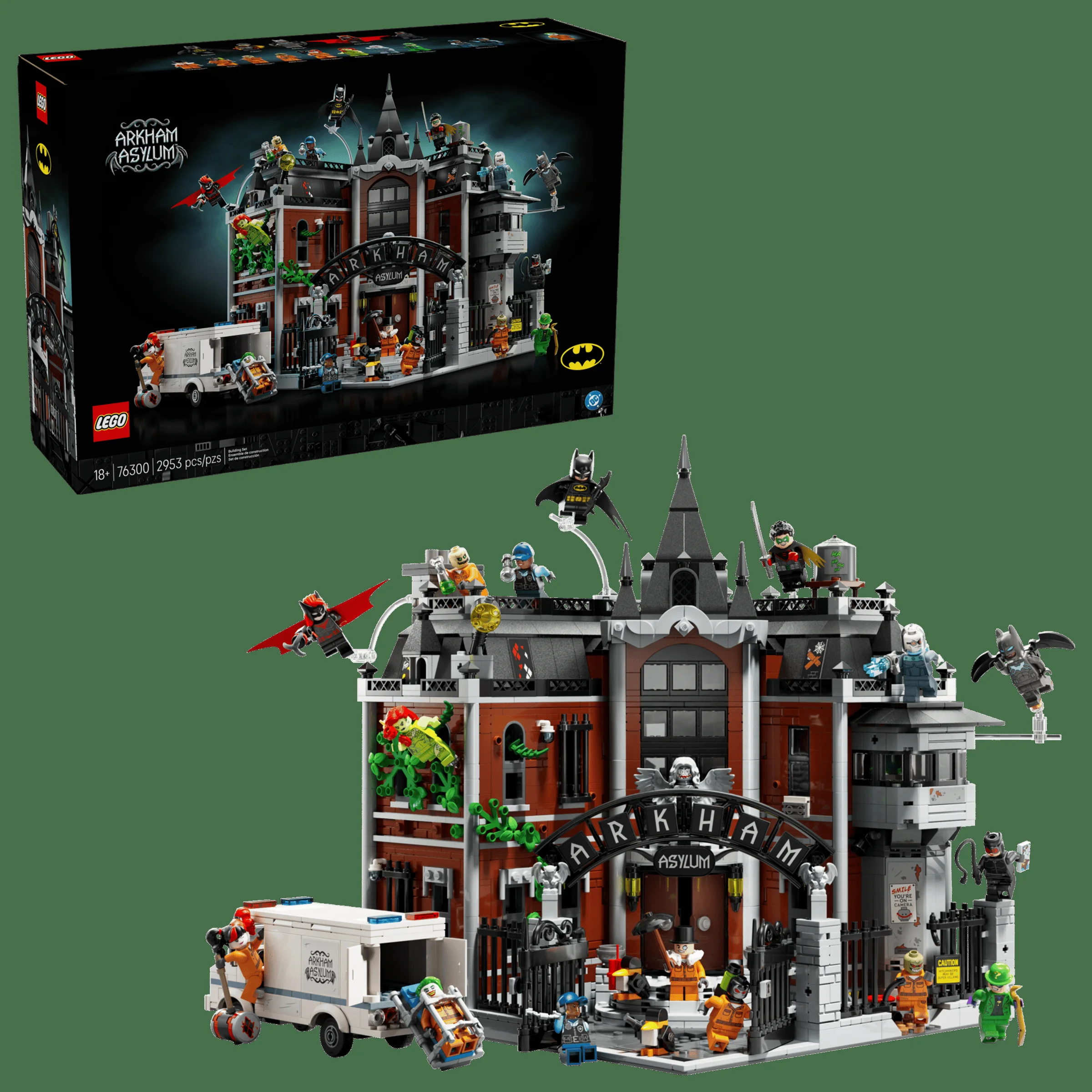 Imagine cu setul LEGO 76300 Arkham Asylum, cu clădirea detaliată și minifigurinele incluse.