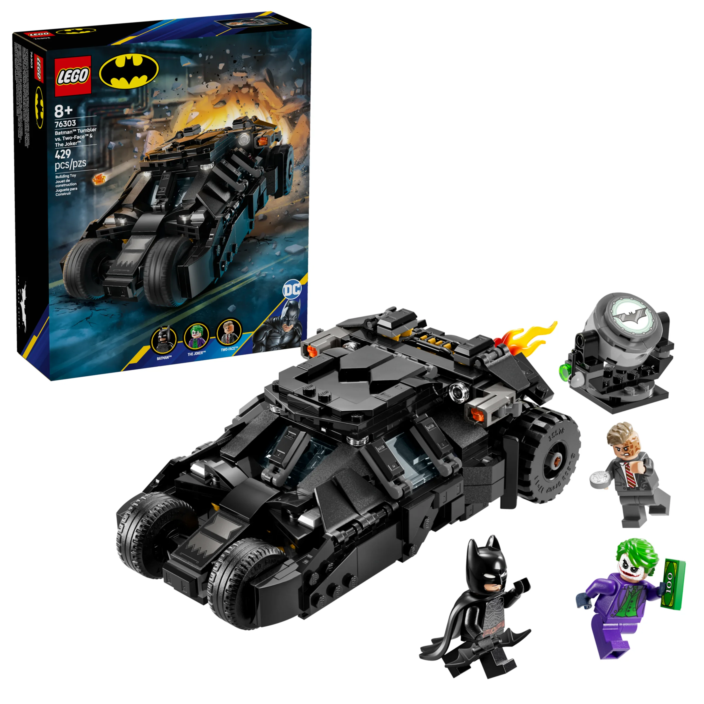 Imagine cu setul LEGO 76303: Tumbler-ul lui Batman contra Two-Face și Joker. Vedere detaliată.