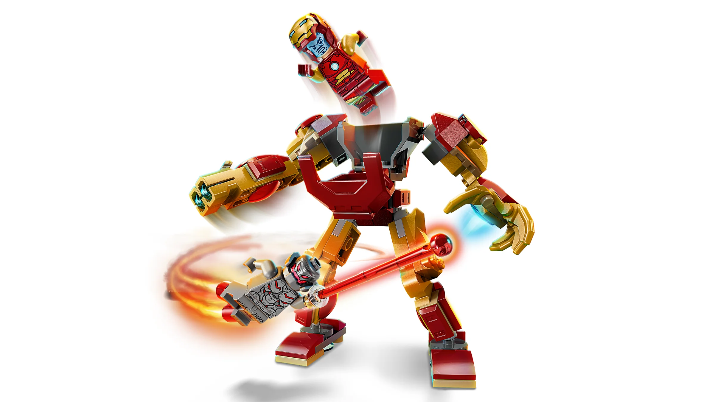 Iron Man Mech și Ultron se înfruntă! O scenă din setul LEGO 76307.