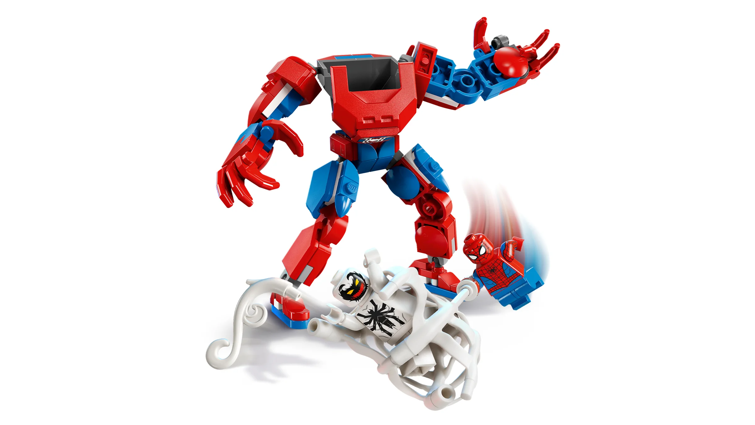 Imagine cu mech-ul Spider-Man și Anti-Venom, setul 76308, o luptă spectaculoasă LEGO.
