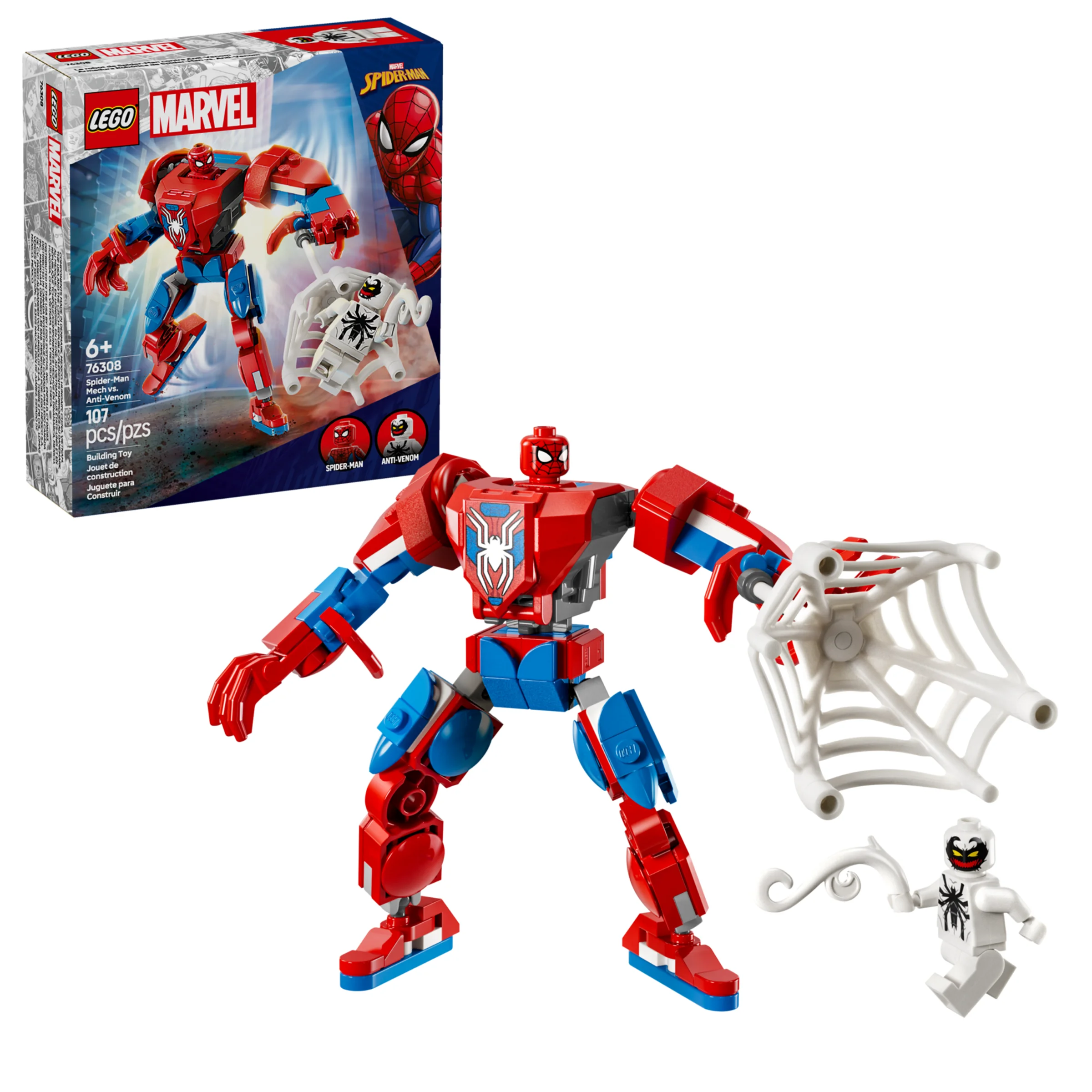 Imagine prezintă setul LEGO 76308, cu robotul Spider-Man și minifigurina Anti-Venom.