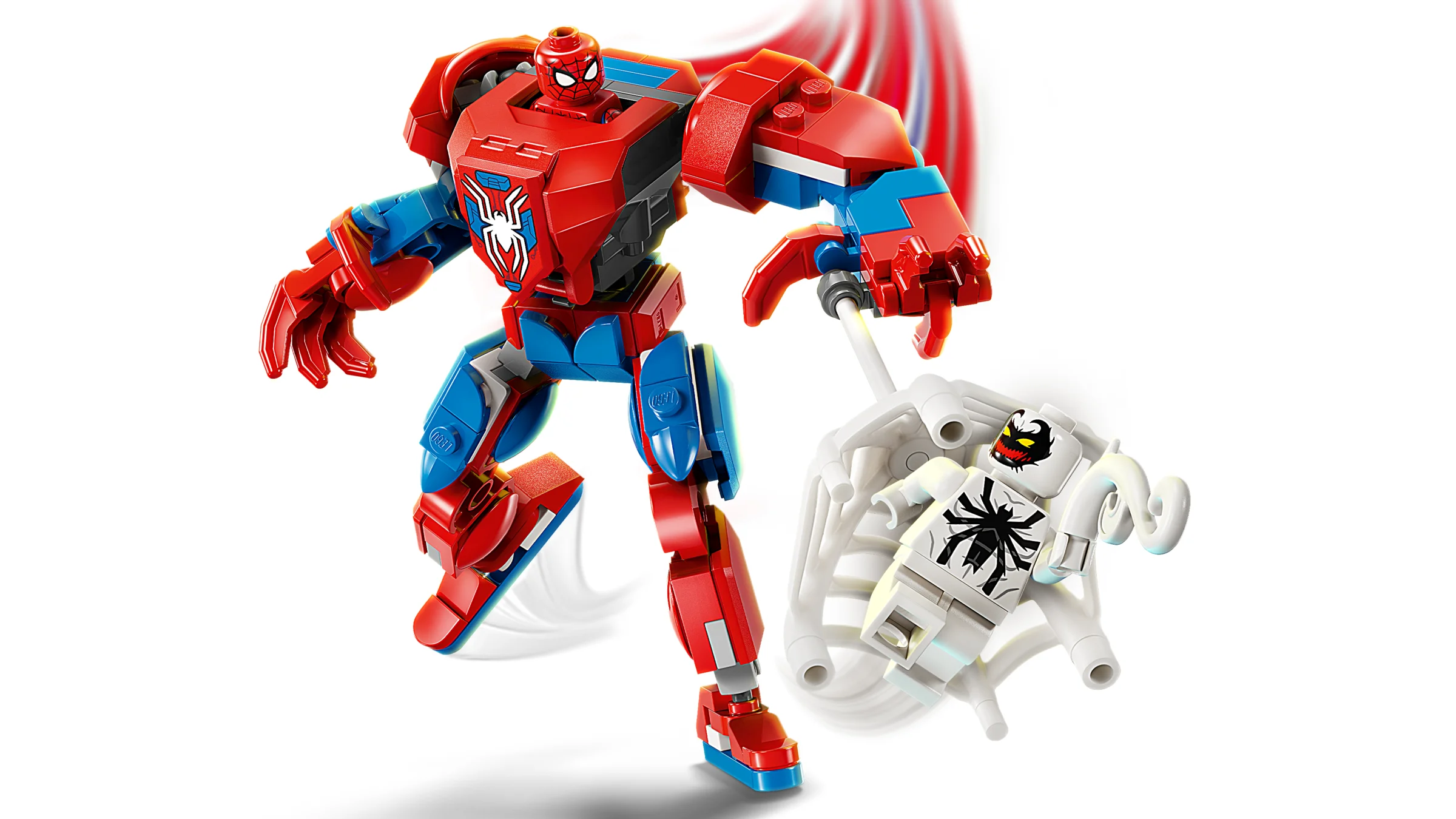 Spider-Man în costum de robot se luptă cu Anti-Venom. Acțiune captivantă!