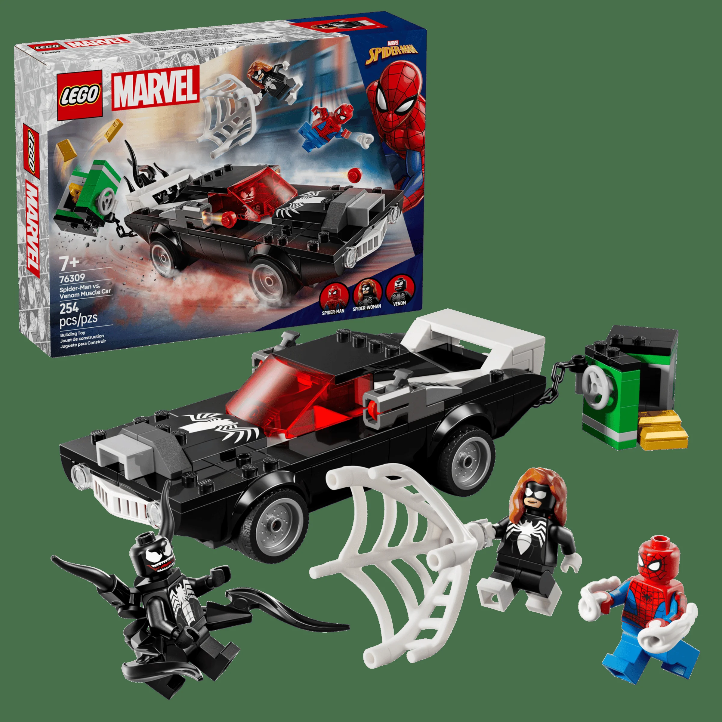 Imagine cu setul LEGO 76309 Spider-Man vs. Venom Muscle Car, cu mașină, minifigurine și accesorii.