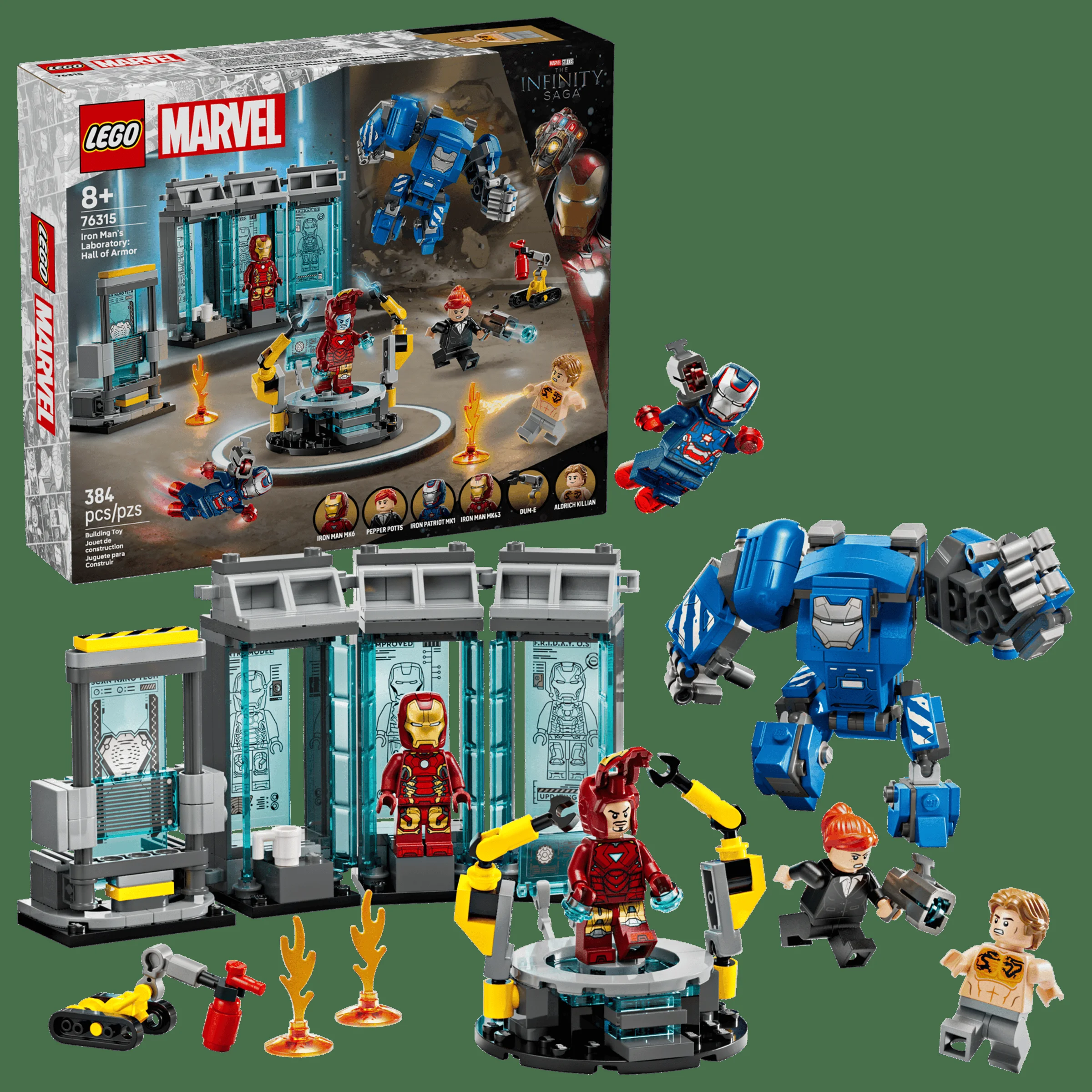 Imagine detaliată a setului LEGO 76315, Laboratorul lui Iron Man: Sala Armurilor. Vedere completă a produsului.