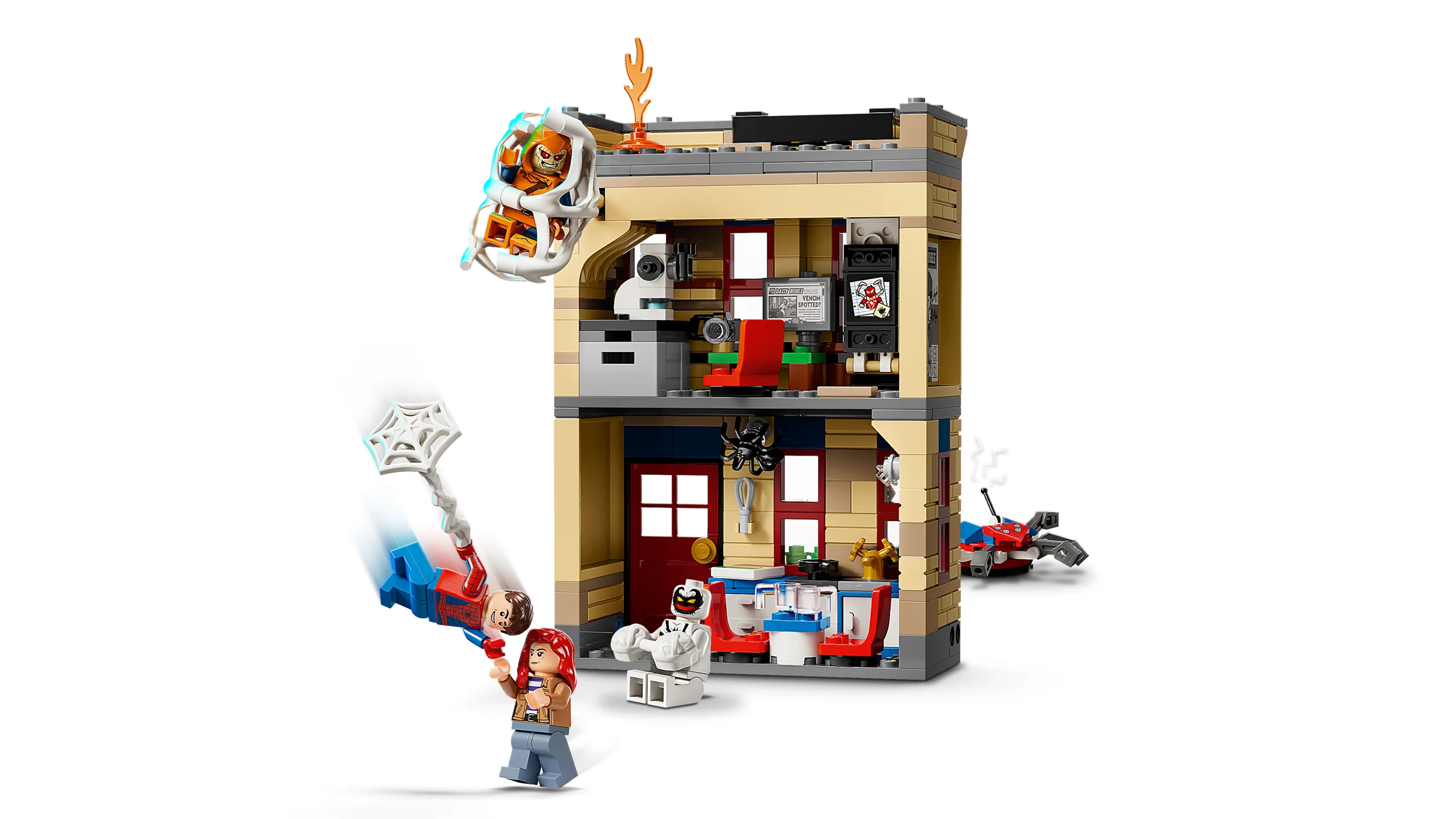 Apartamentul lui Peter Parker LEGO, cu minifigurinele și detaliile interioare vizibile.