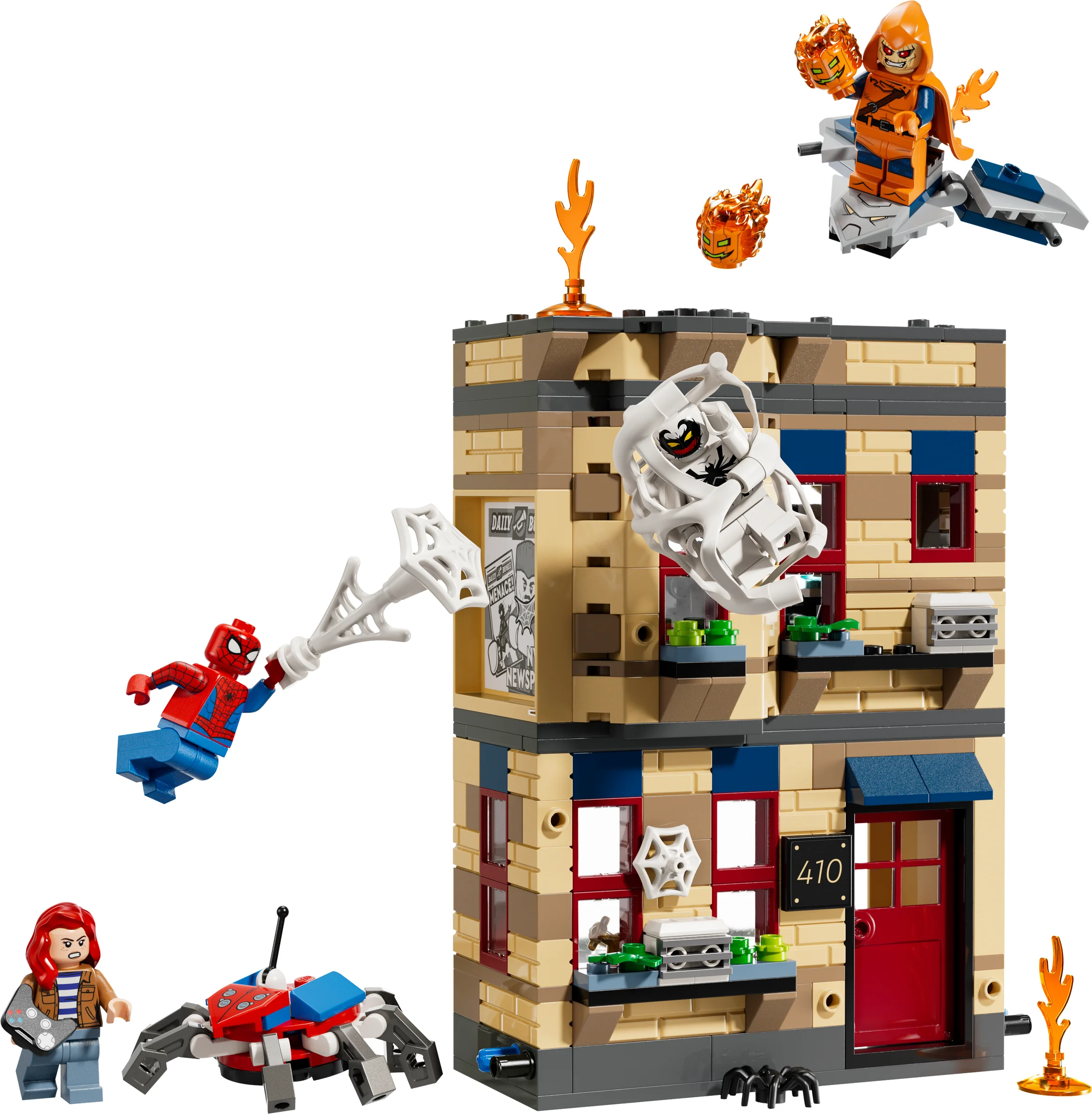 Imagine cu setul LEGO 76317, apartamentul lui Peter Parker și minifigurinele incluse.