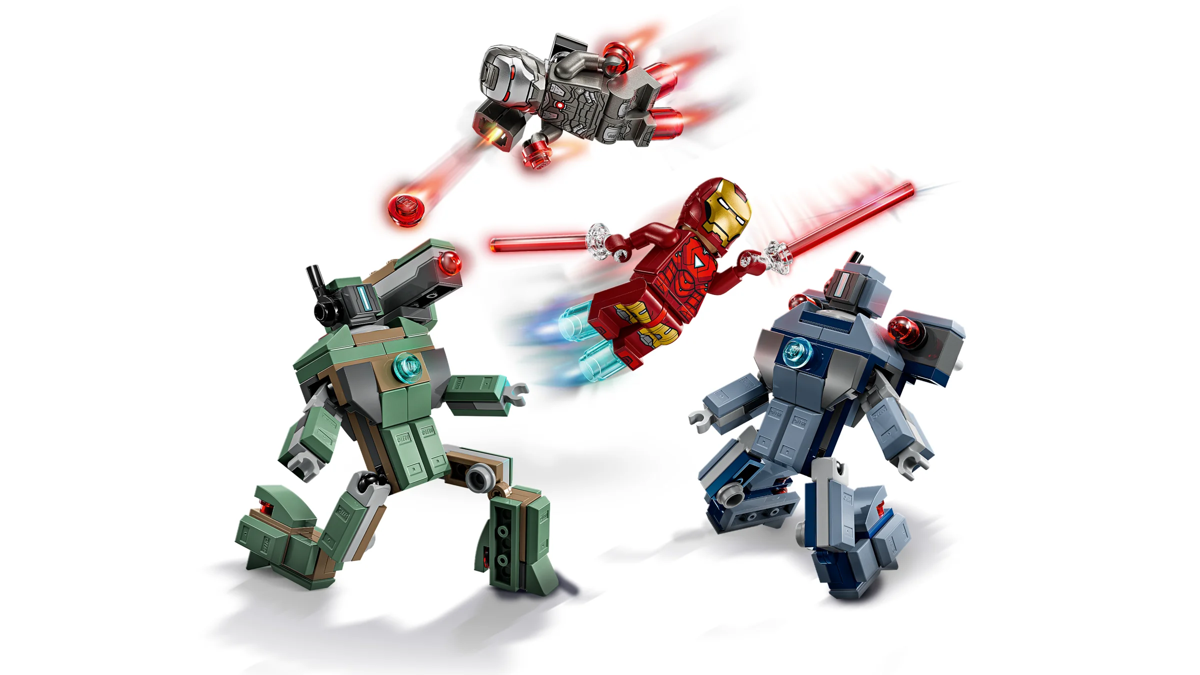 Imagine cu Iron Man și War Machine luptând cu drone Hammer, setul LEGO 76320.