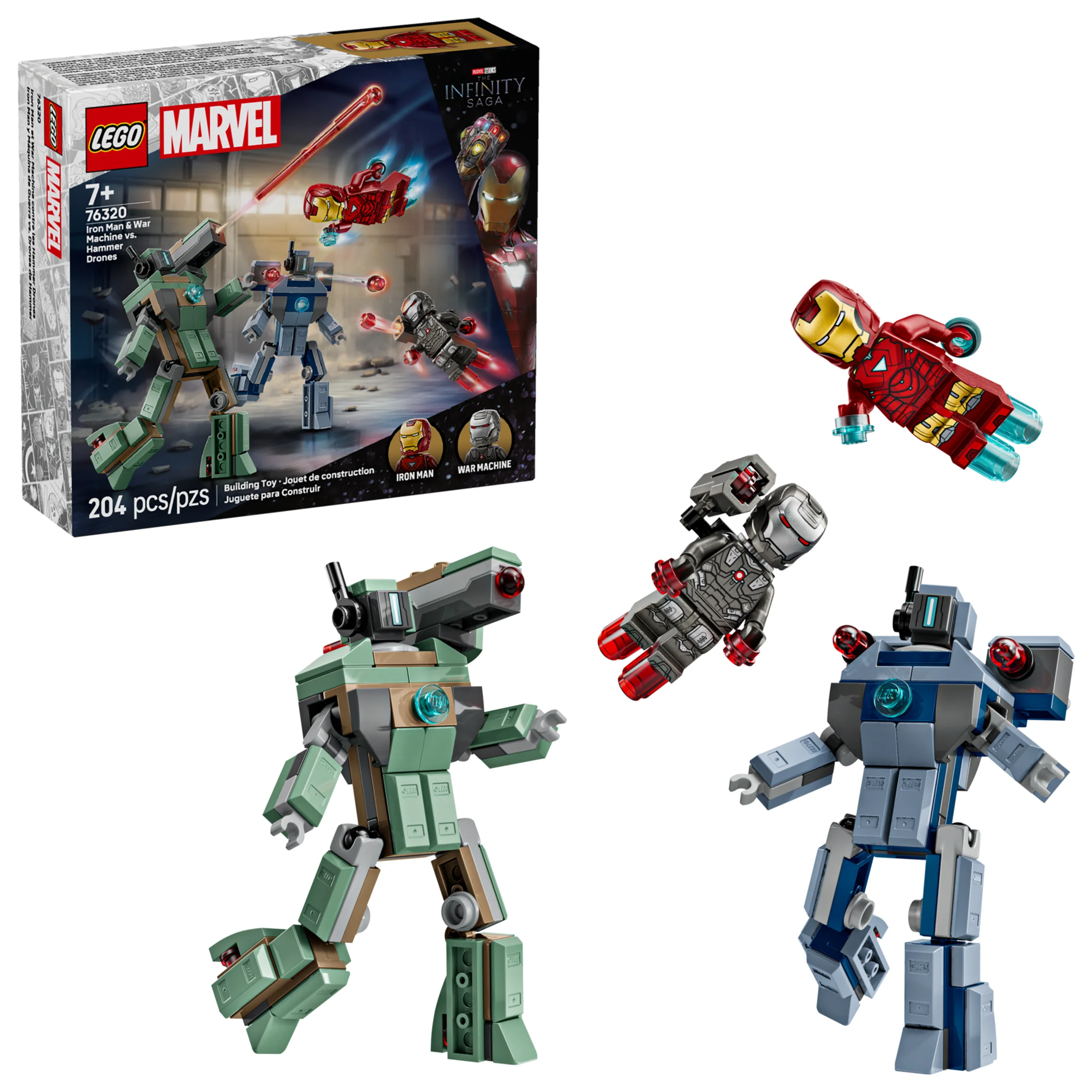 Imagine cu setul LEGO 76320 Iron Man & War Machine vs. Hammer Drones, incluzând cutia și minifigurinele.