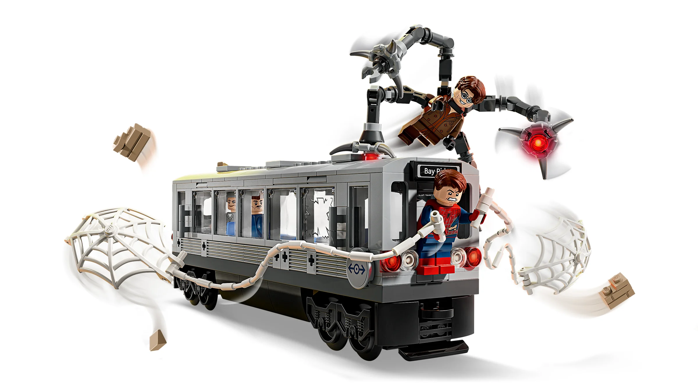 Set LEGO Marvel Spider-Man cu vagon de metrou și figurinele Spider-Man și Doc Ock.