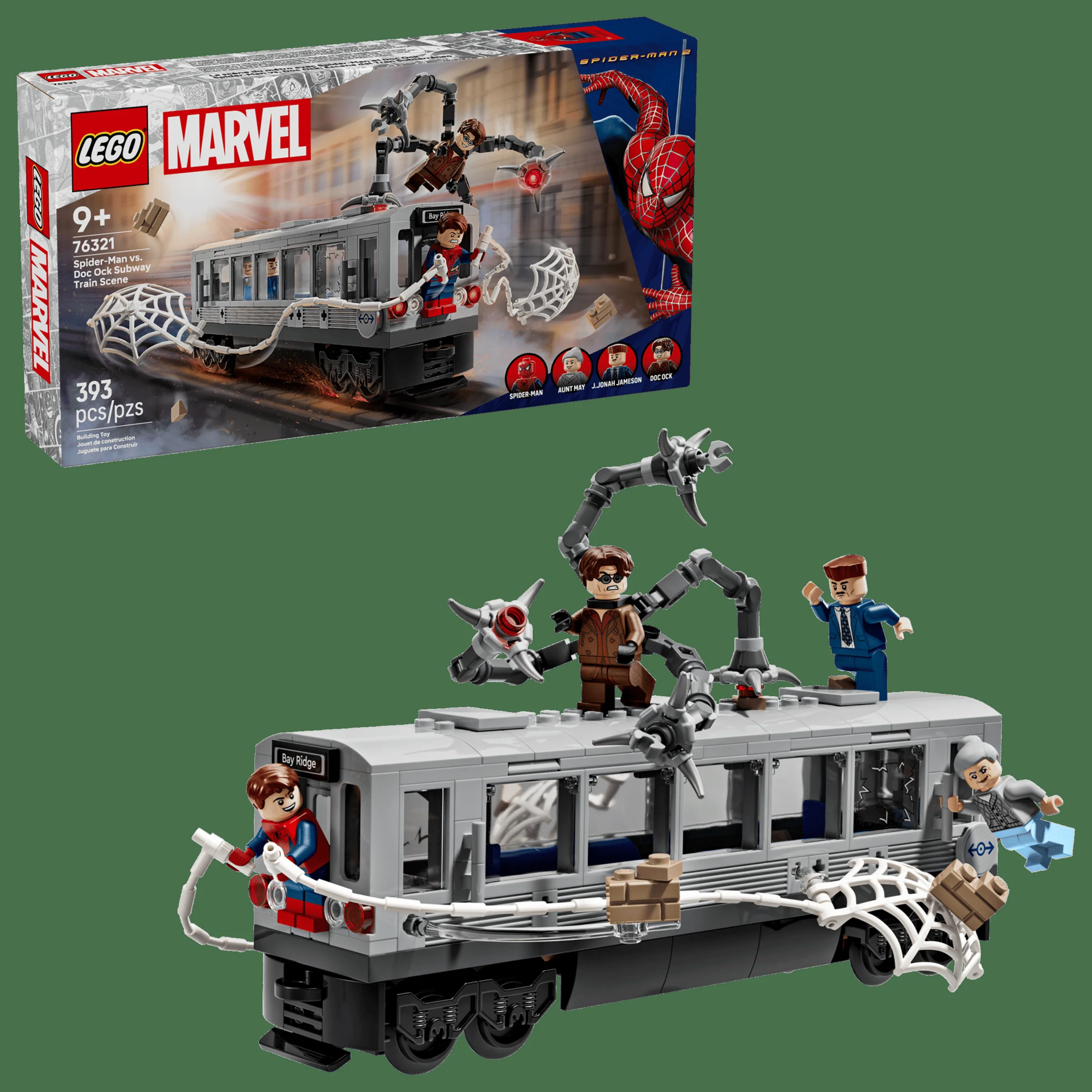 Imagine cu setul LEGO 76321, cu Spider-Man vs. Doc Ock, cu tren și minifigurine.