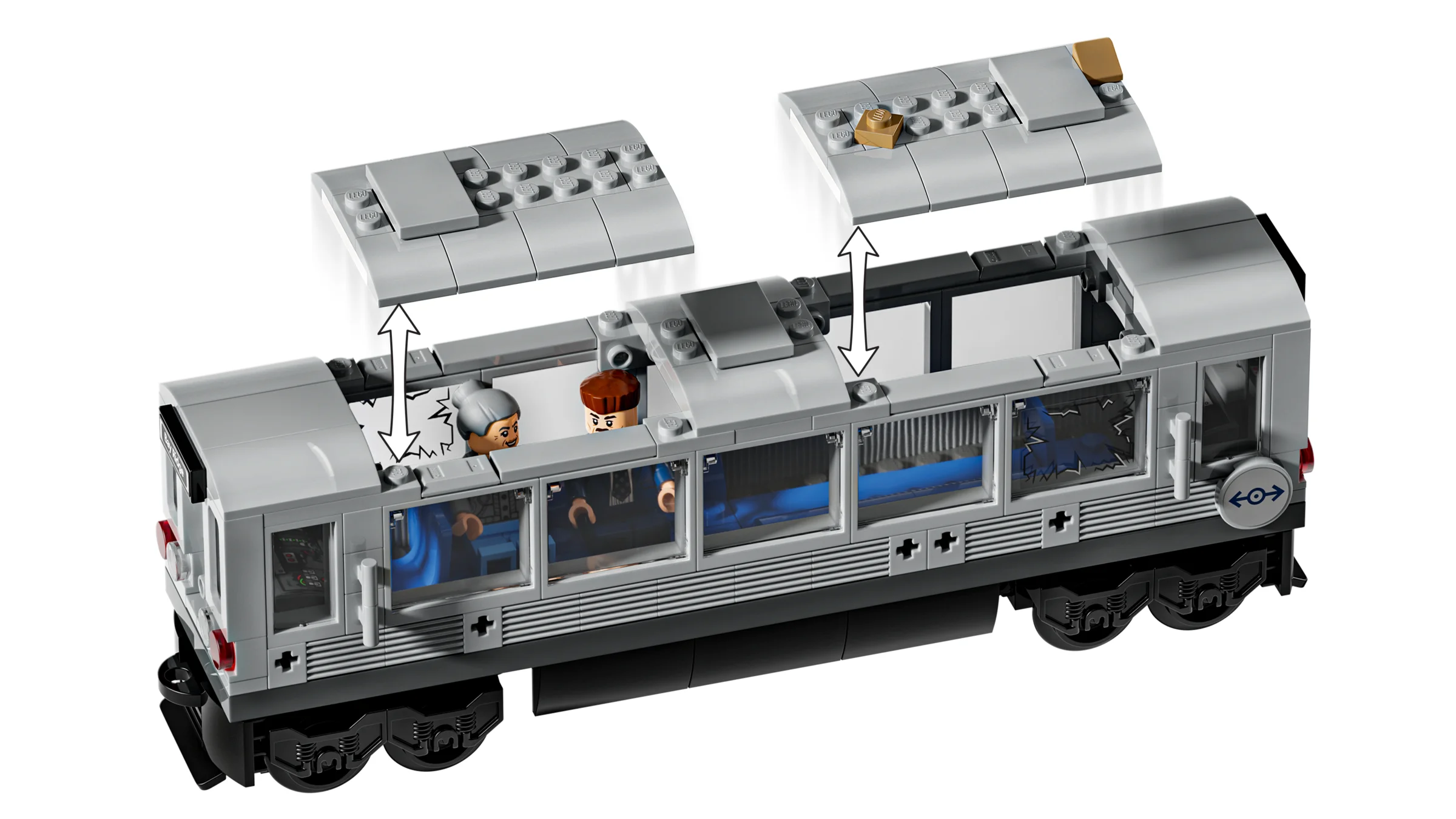 Trenul de metrou LEGO Spider-Man cu acoperiș detașabil și minifigurine în interior.