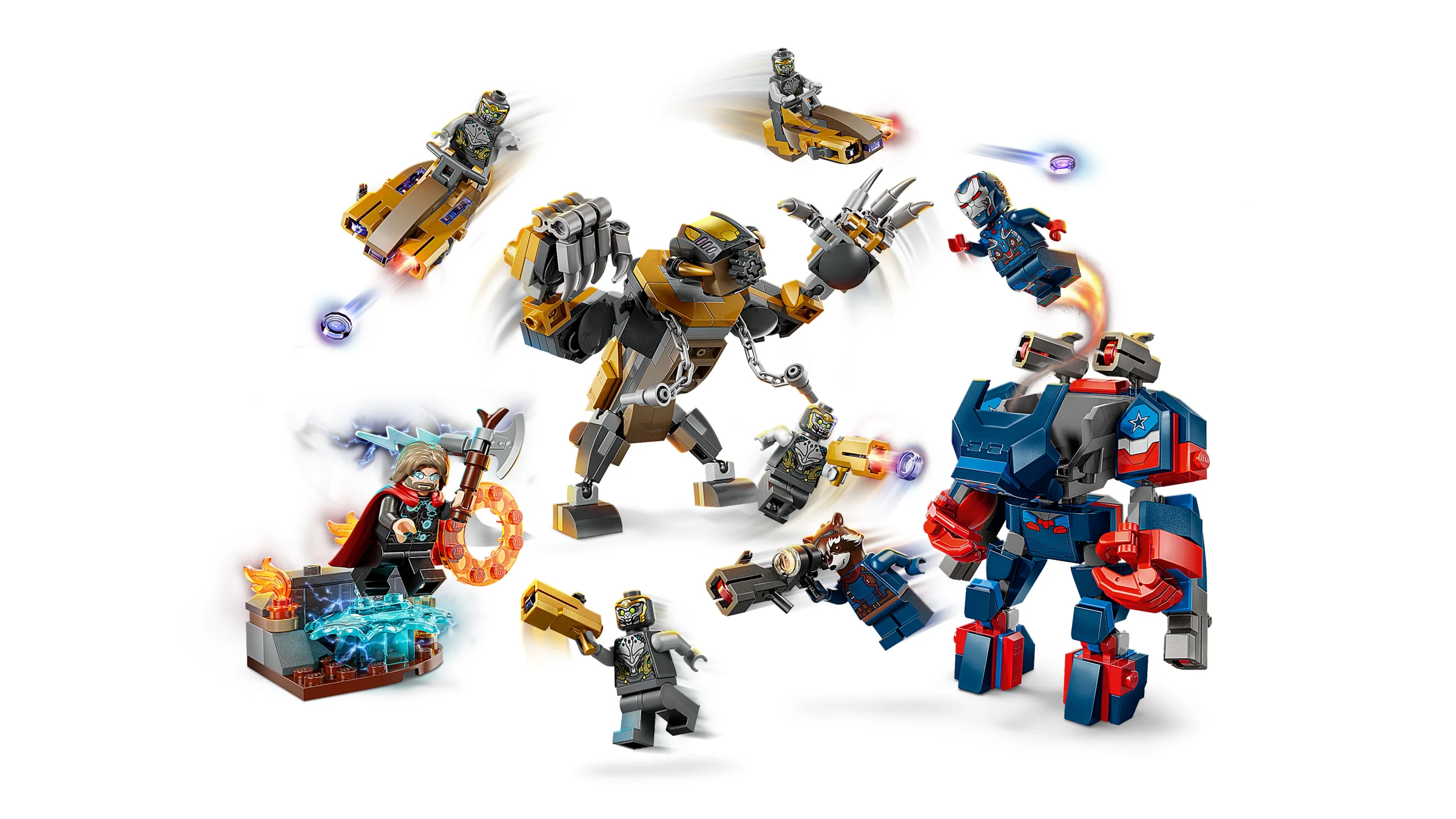 Luptă epică LEGO între Thor și armata Chitauri. Setul include minifigurine și elemente interactive.