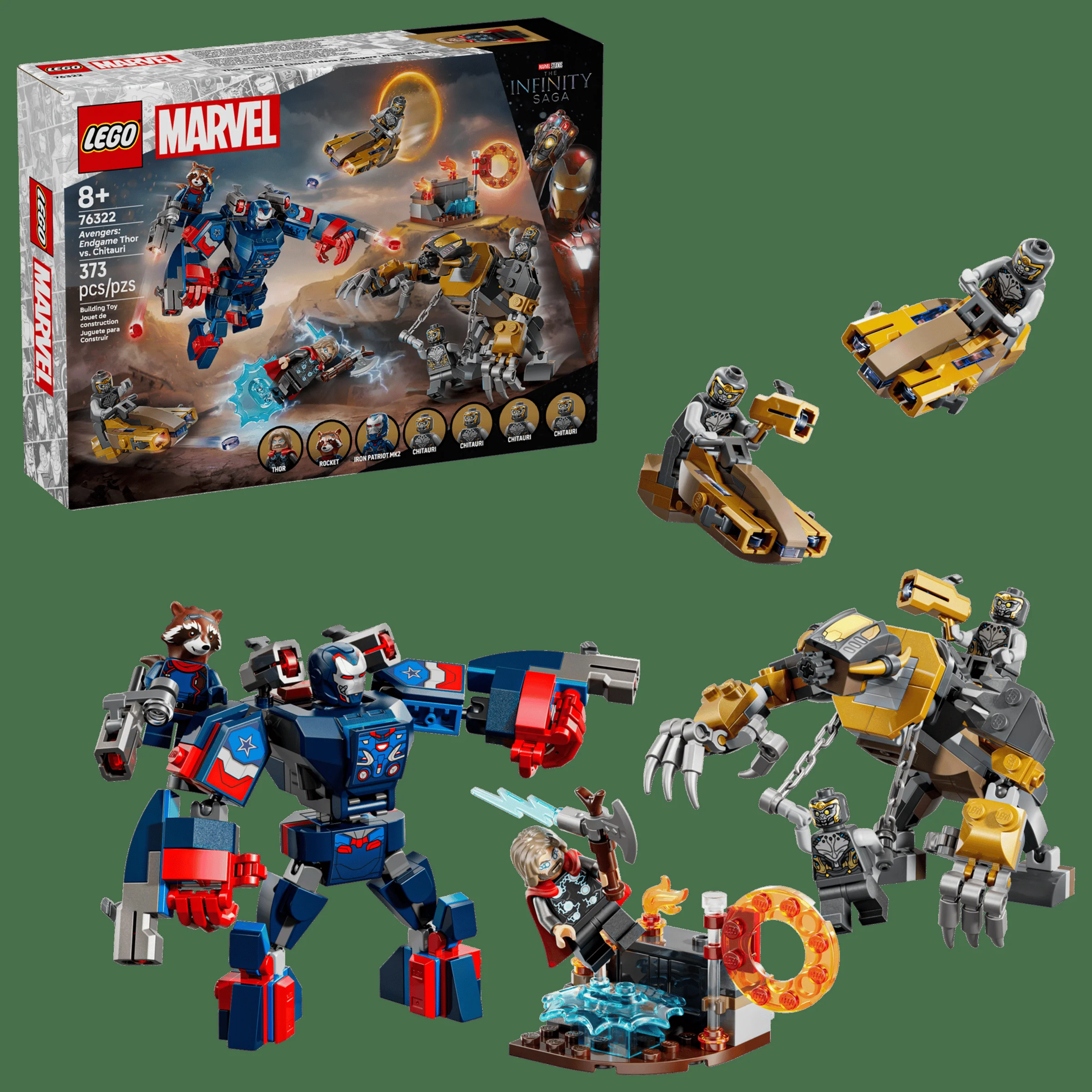 Imagine cu setul LEGO 76322 Avengers: Endgame Thor vs. Chitauri. Include minifigurine și construcții.