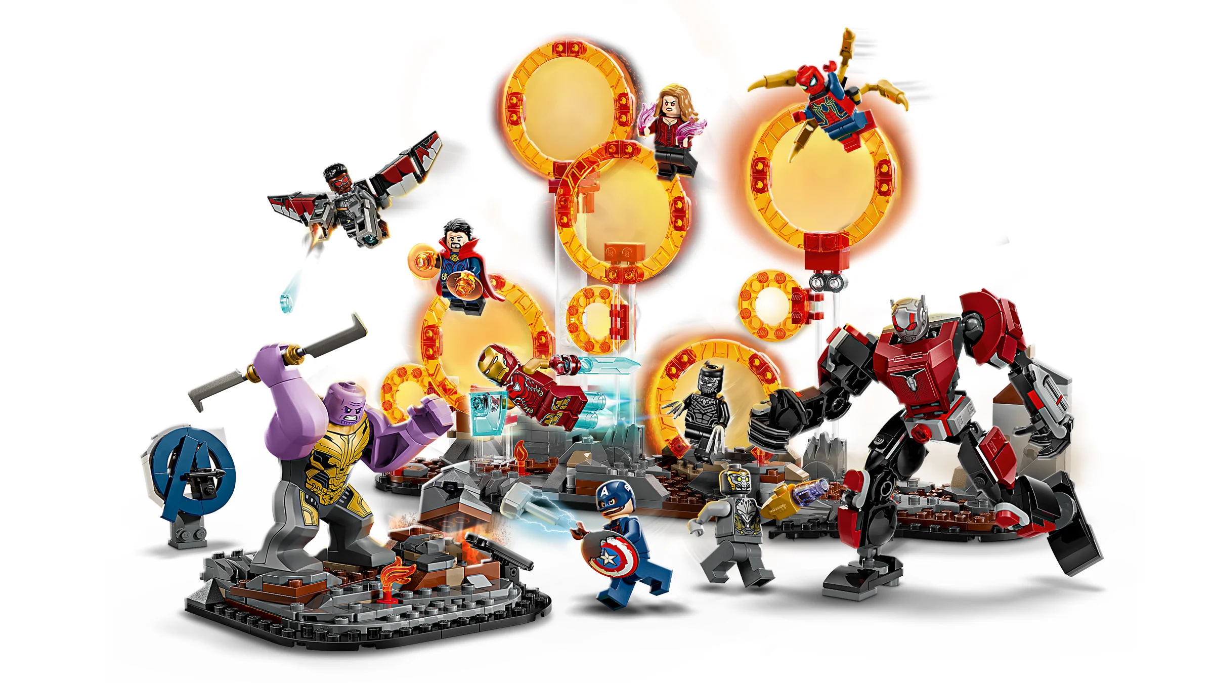 Imagine a setului LEGO 76323 Avengers: Endgame Final Battle, detaliind minifigurinele și elementele incluse.