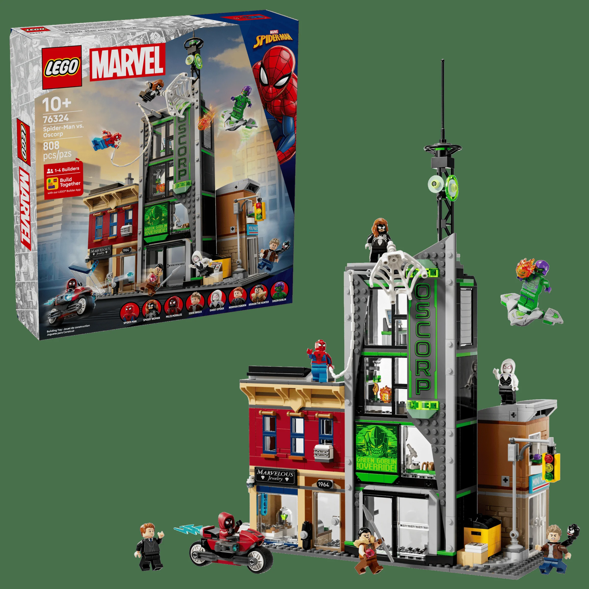 Imagine cu setul LEGO 76324 Spider-Man vs. Oscorp, care prezintă modelul construit și cutia. Detalii clare și atractive.