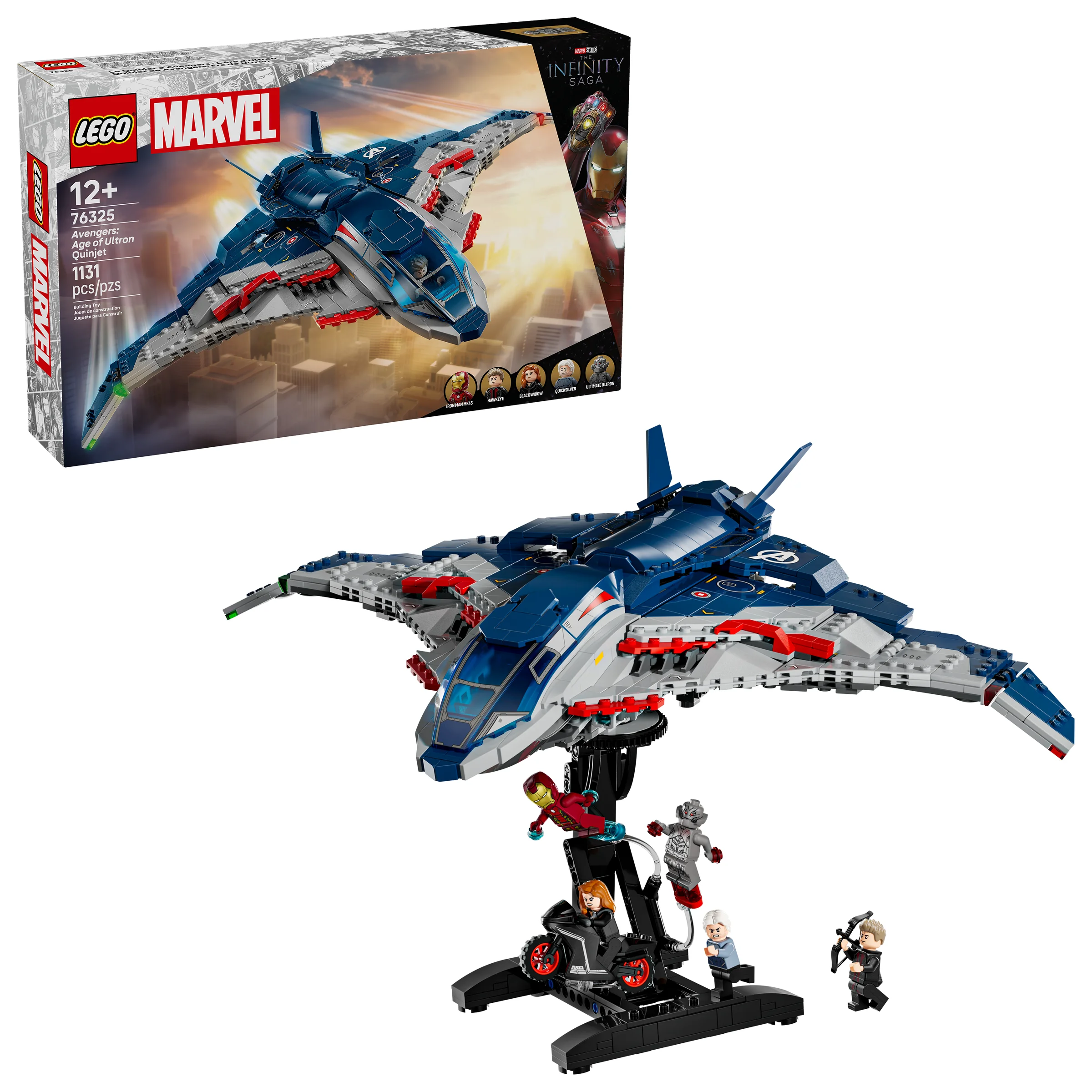 Imagine cu LEGO 76325 Quinjet, include cutia, modelul și minifigurinele. O prezentare detaliată a setului.