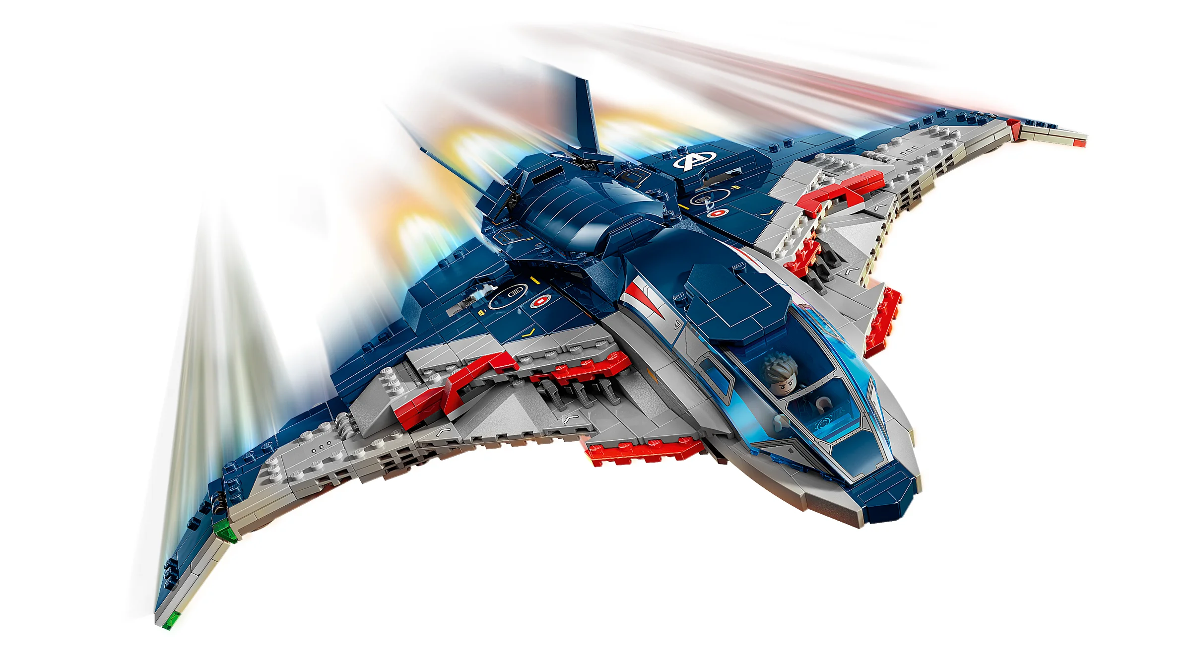 Quinjet-ul Avengers în zbor, o imagine spectaculoasă. Model detaliat, albastru și gri.