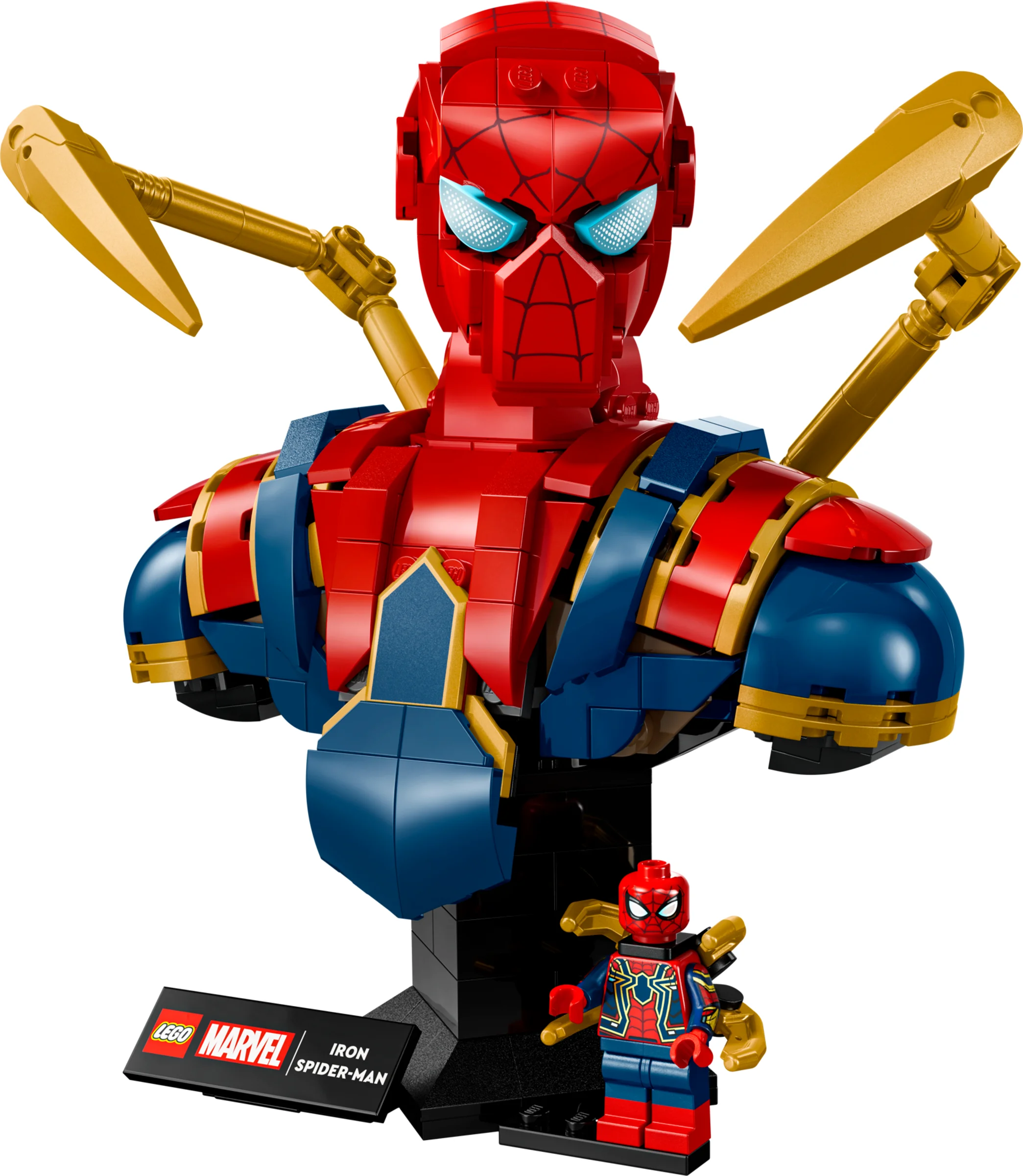 Bustul Iron Spider-Man din LEGO, o construcție detaliată și impresionantă.