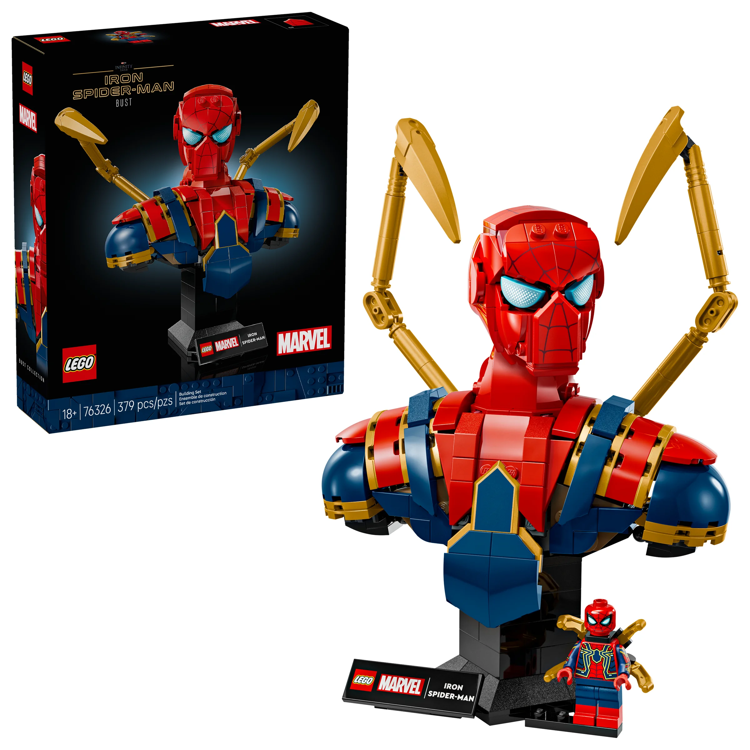 Imagine cu bustul Iron Spider-Man din LEGO și cutia produsului. Un cadou perfect pentru fani.