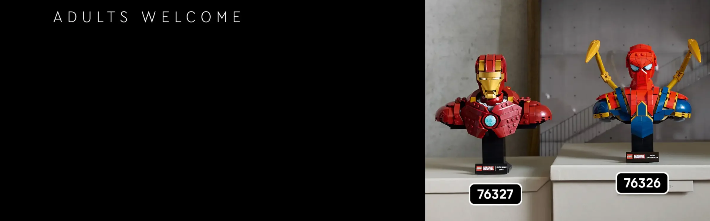 Prezentare cu busturile Iron Spider-Man și Iron Man. Modele detaliate pentru adulți.