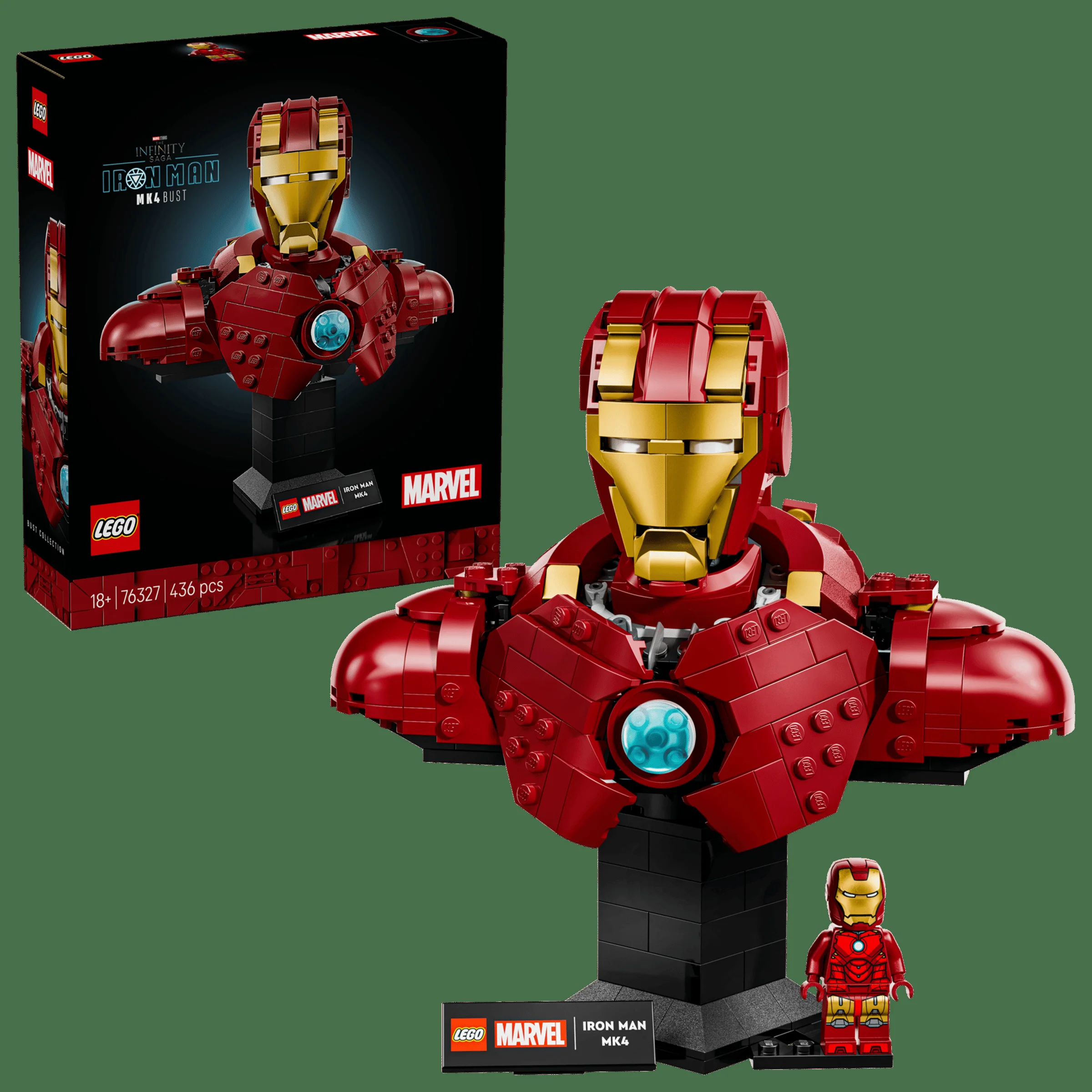Imagine cu bustul LEGO Iron Man MK4 și cutia, prezentând detaliile modelului și minifigurina.