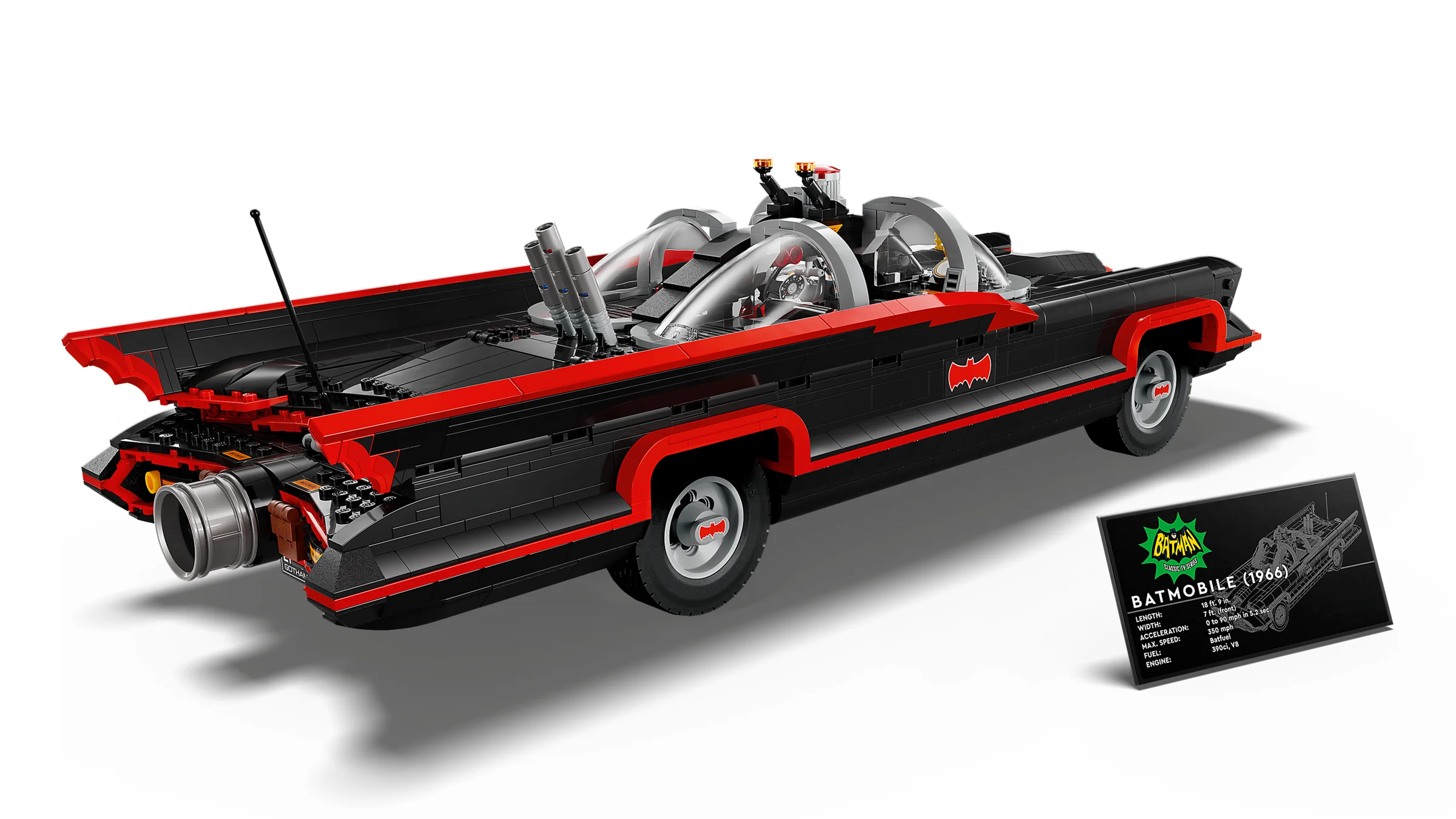 Batmobile LEGO 76328, negru cu detalii roșii, din seria Batman TV clasică.