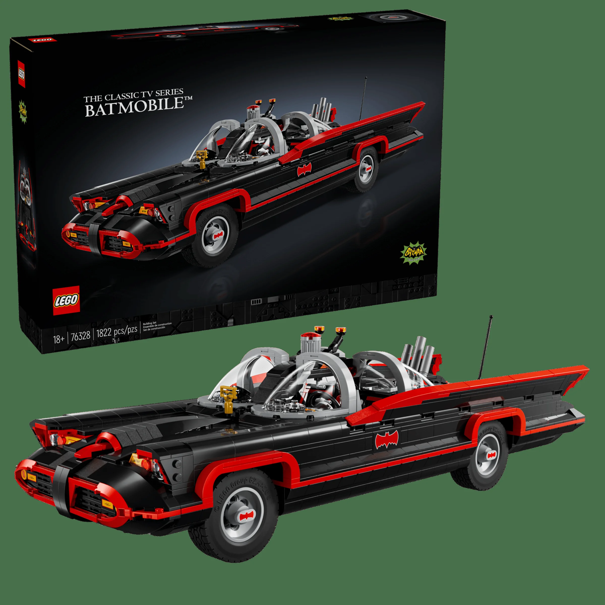 Imagine cu Batmobile-ul din seria TV clasică, set LEGO 76328, și cutia sa. Design negru și roșu.