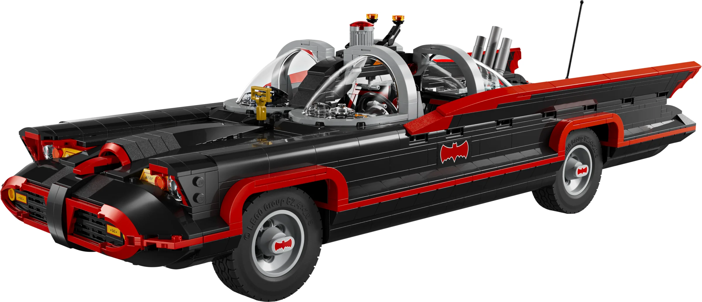 Imagine detaliată a Batmobile-ului clasic din seria TV, negru cu accente roșii.