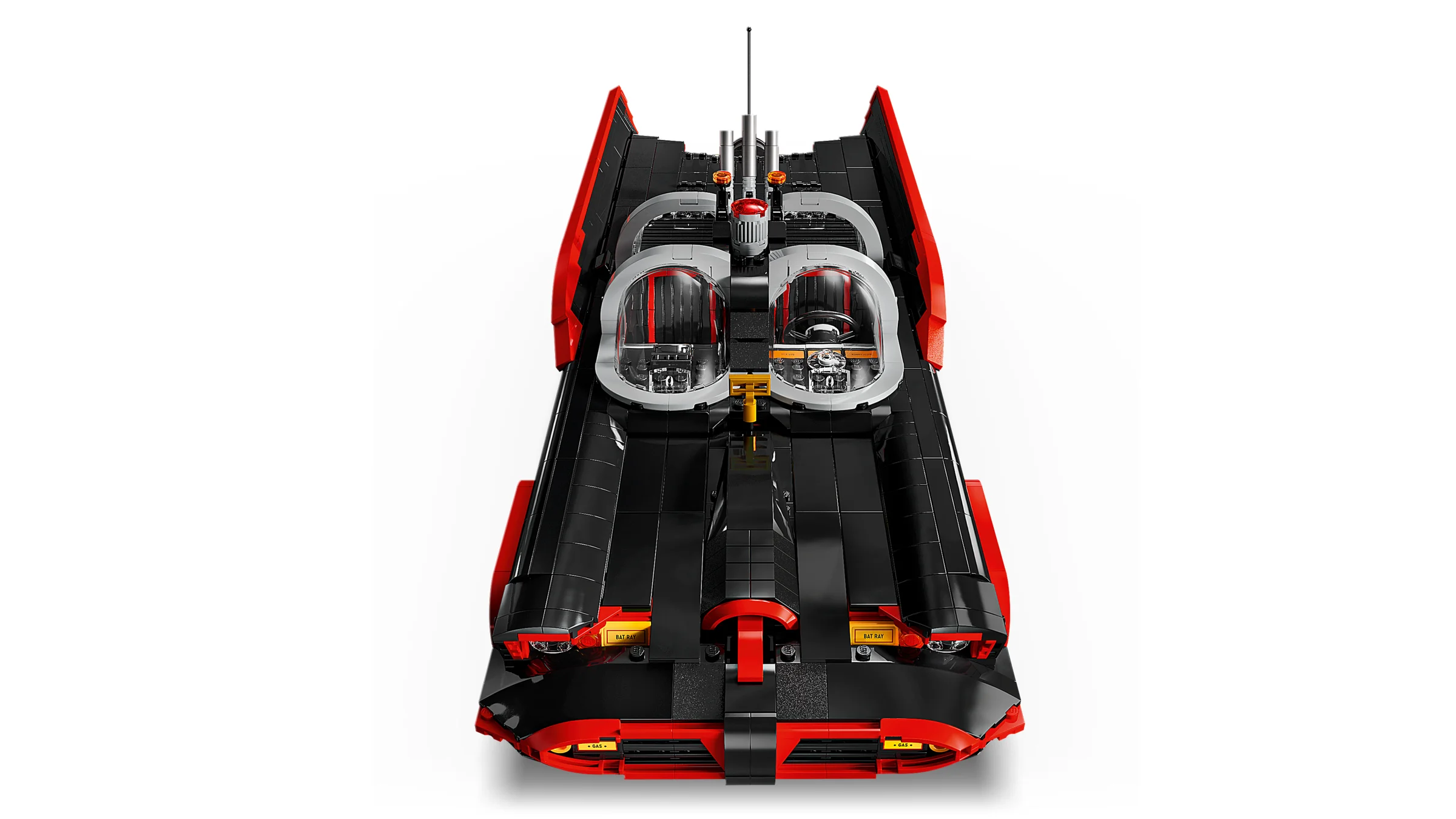 O vedere de sus a Batmobilei clasice LEGO, negru cu accente roșii, cu detalii precise.