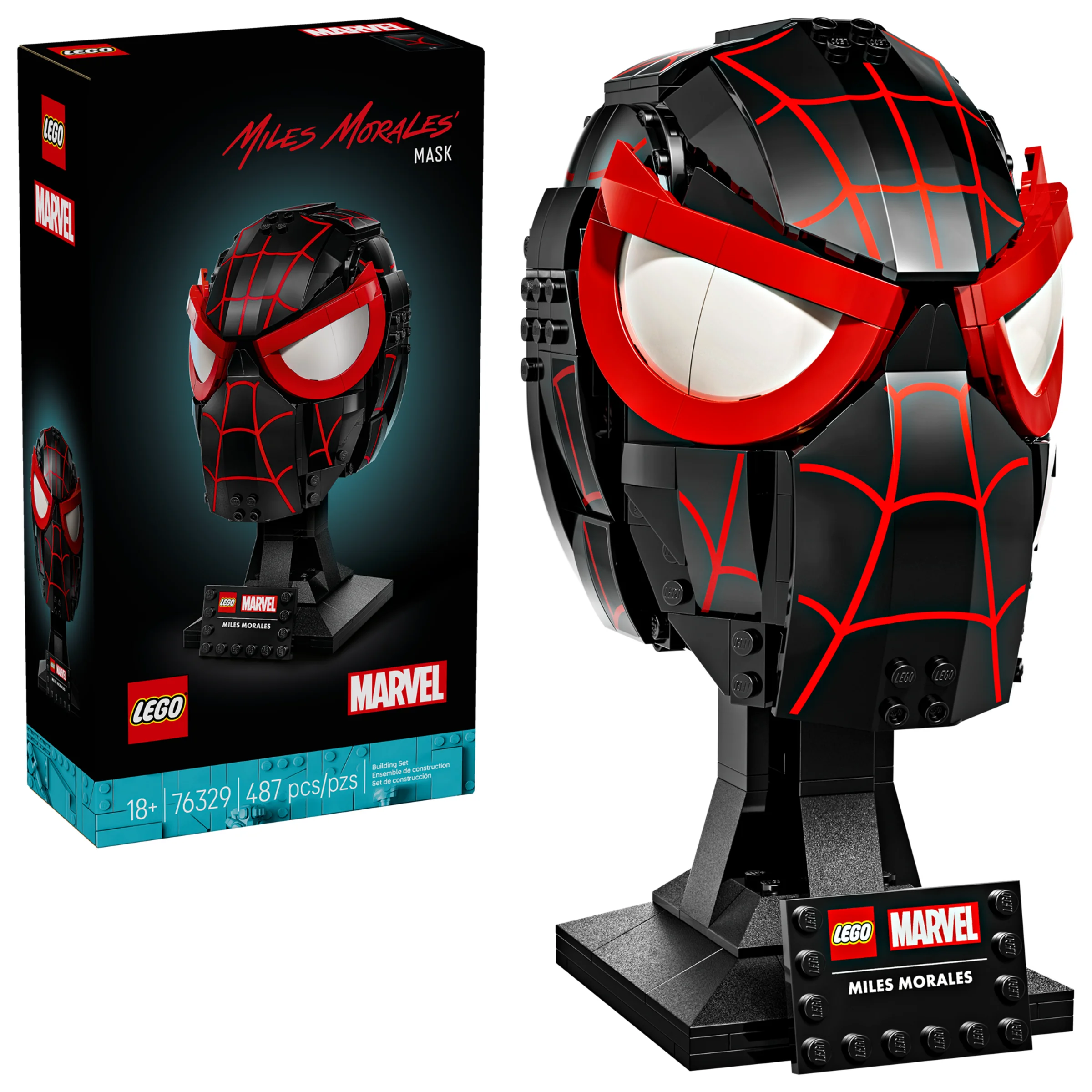 Masca LEGO Miles Morales expusă lângă cutia produsului. Model finisat detaliat.