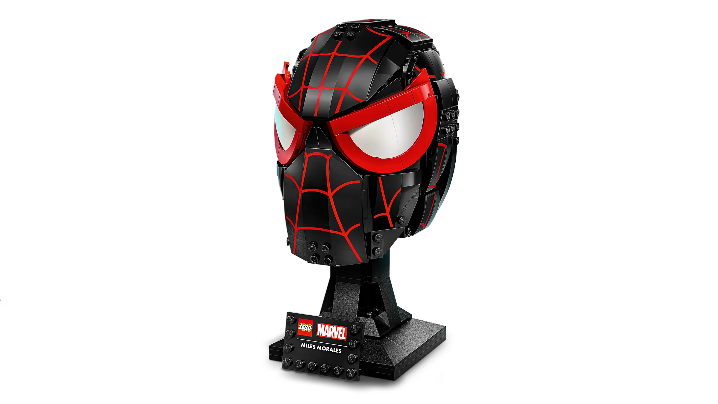 Modelul LEGO al măștii lui Miles Morales, o construcție detaliată și impresionantă.