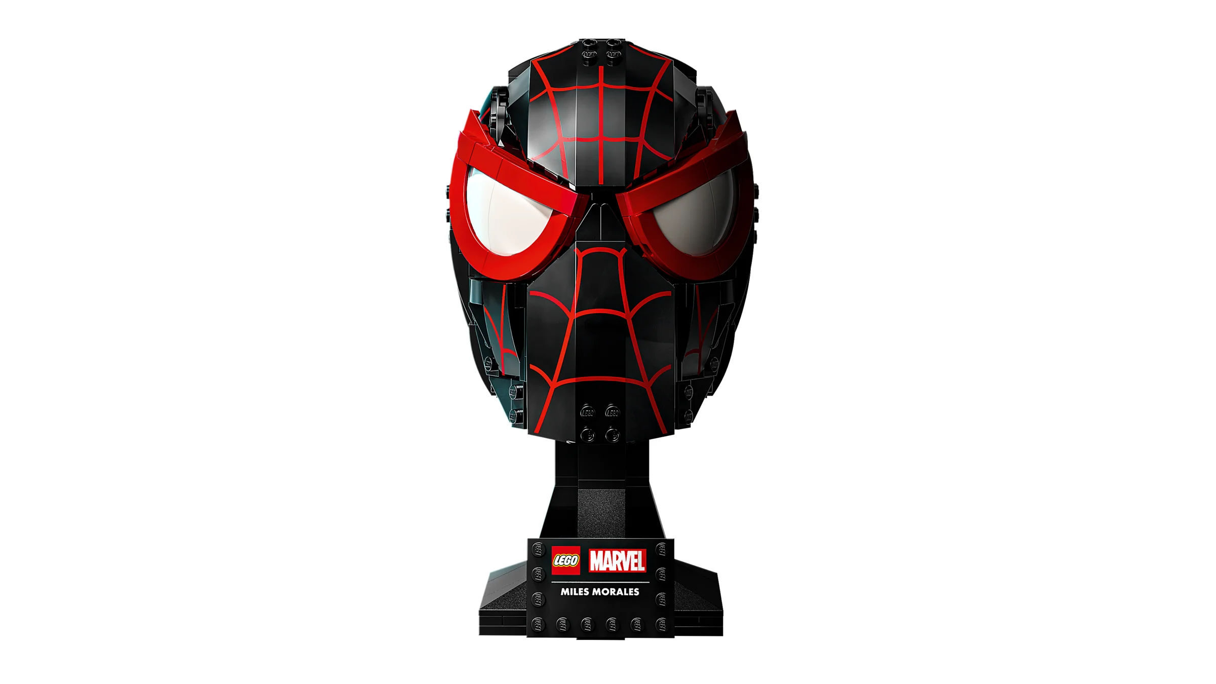 Modelul LEGO al măștii lui Miles Morales, un exponat detaliat și atractiv.