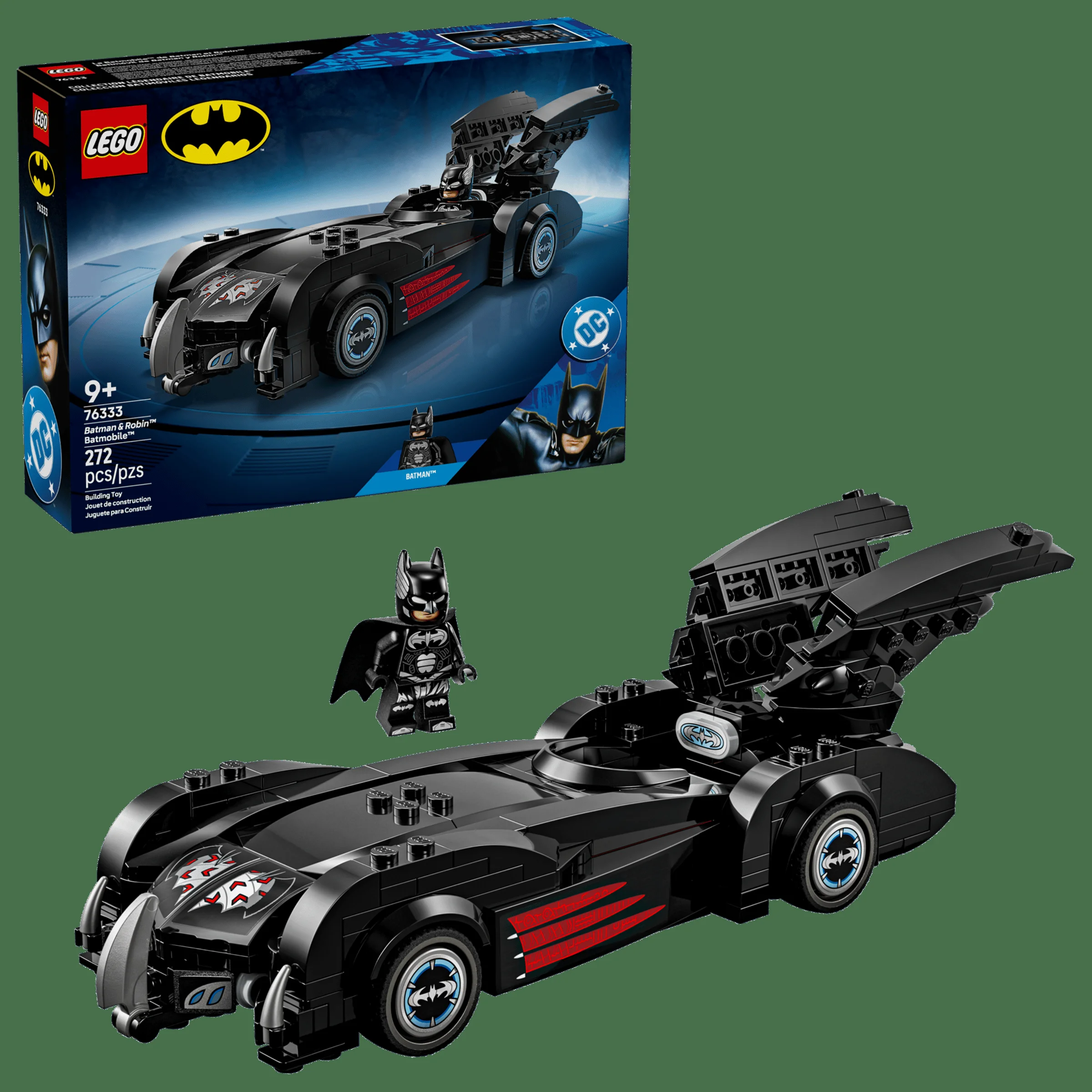 Imagine cu setul LEGO 76333 Batmobile, inclusiv cutia și minifigurina Batman. Design negru elegant.